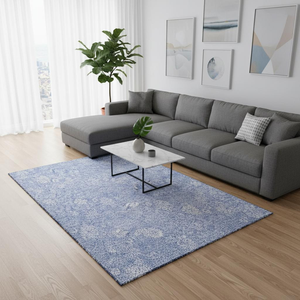656009 9 x 12 ft. Sky Blue & Ivory Floral Transitional Washable Machine Made Rectangle Area Rug with UV Protection