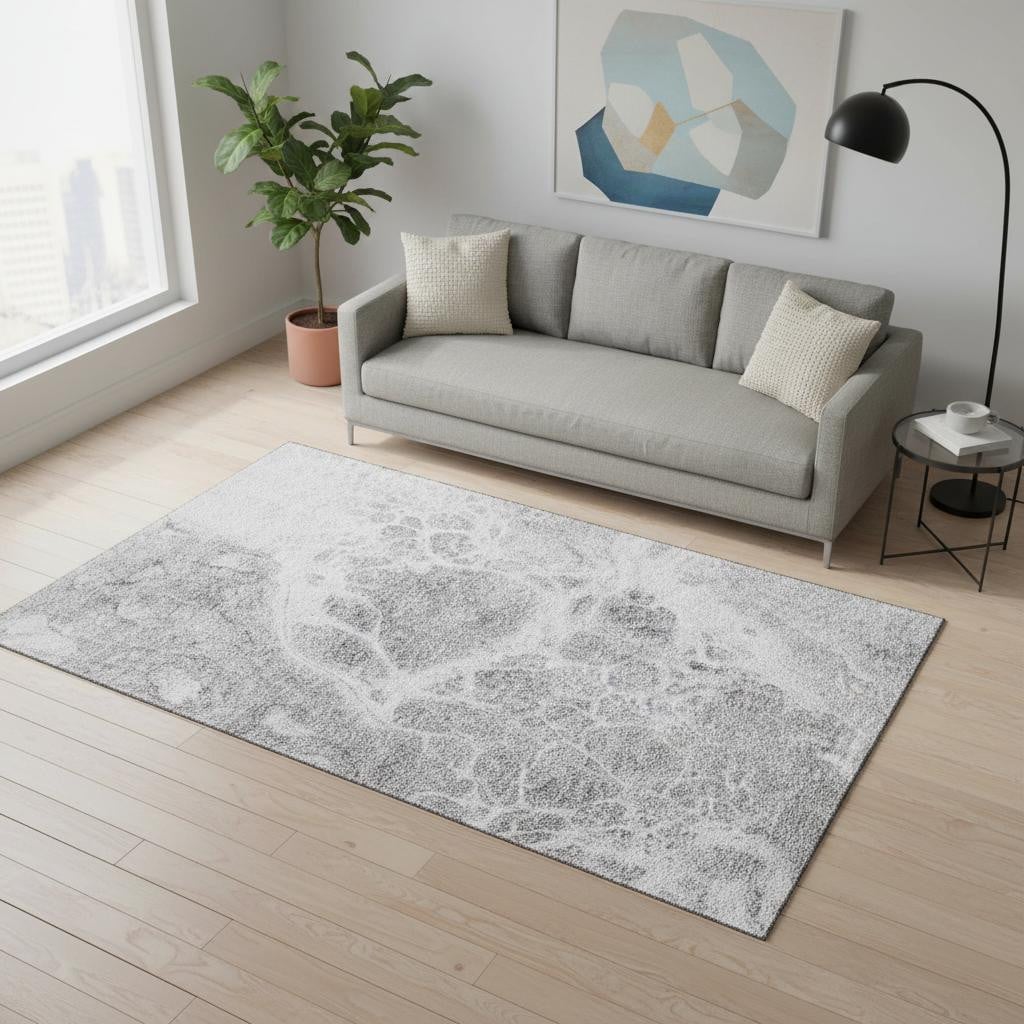 656036 5 x 8 ft. Gray & Ivory Abstract Transitional Washable Machine Made Rectangle Area Rug with UV Protection