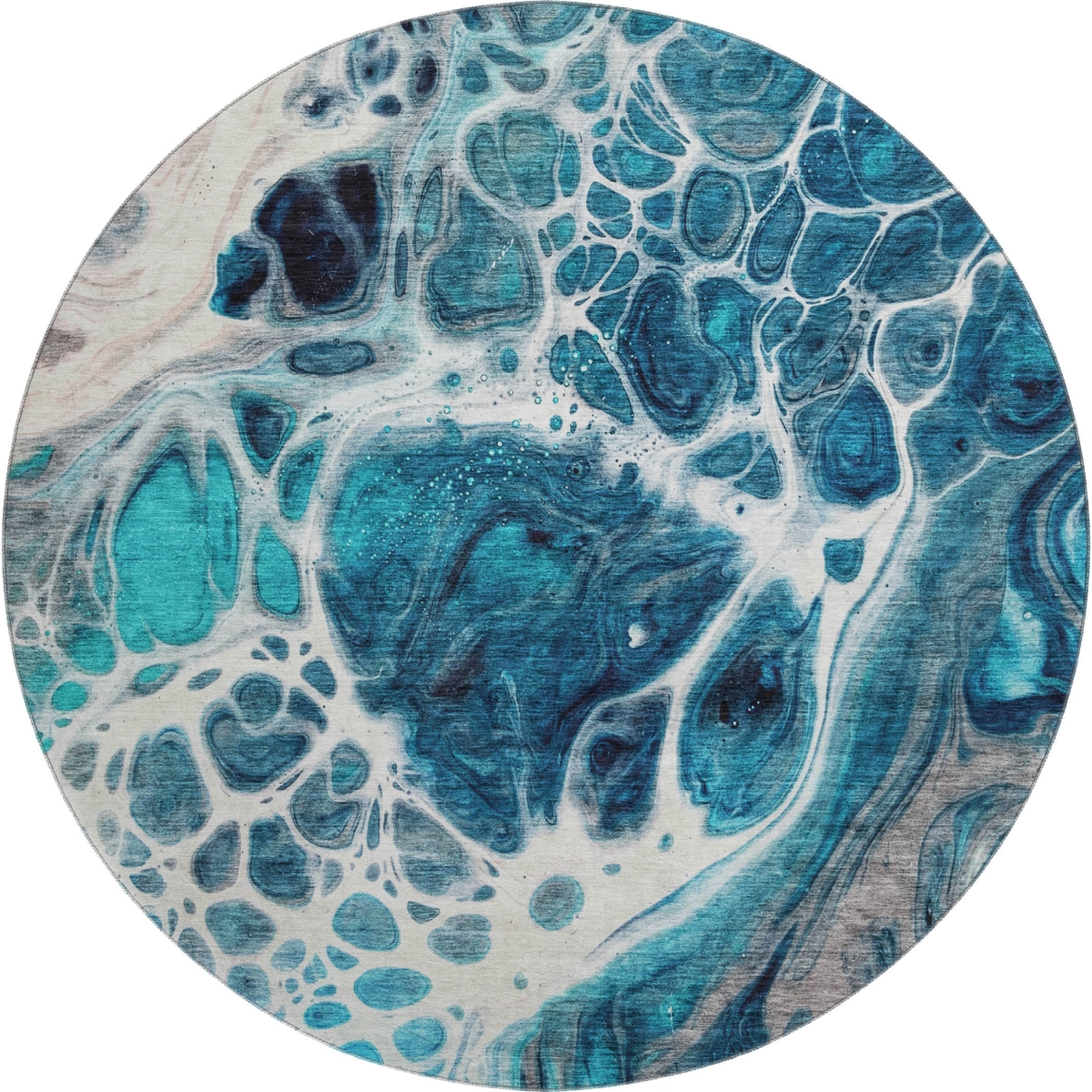 656067 8 ft. Teal Ivory & Gray Abstract Transitional Washable Round Area Rug with UV Protection