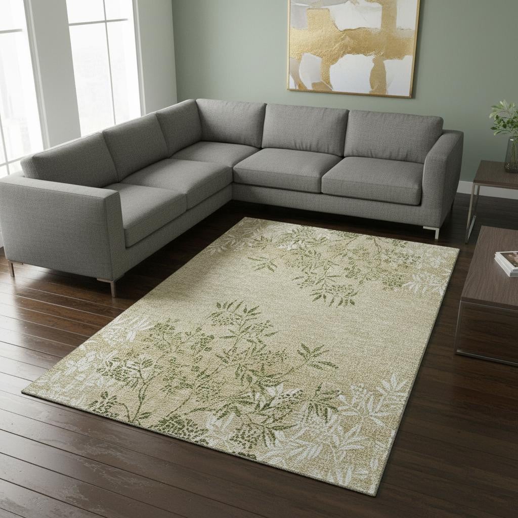 655643 9 x 12 ft. Khaki Green & Ivory Floral Washable Machine Made Rectangle Area Rug with UV Protection