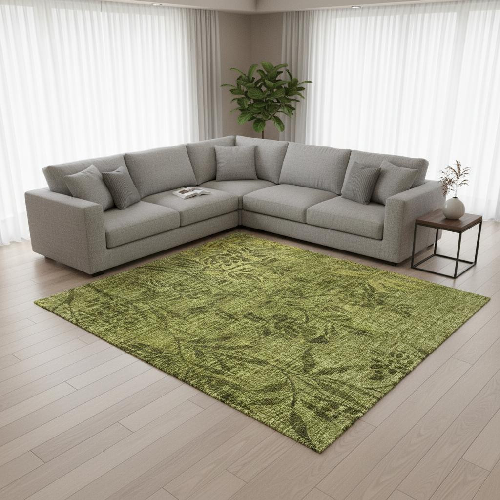 655662 10 x 14 ft. Olive Green & Gold Floral Washable Machine Made Rectangle Area Rug with UV Protection