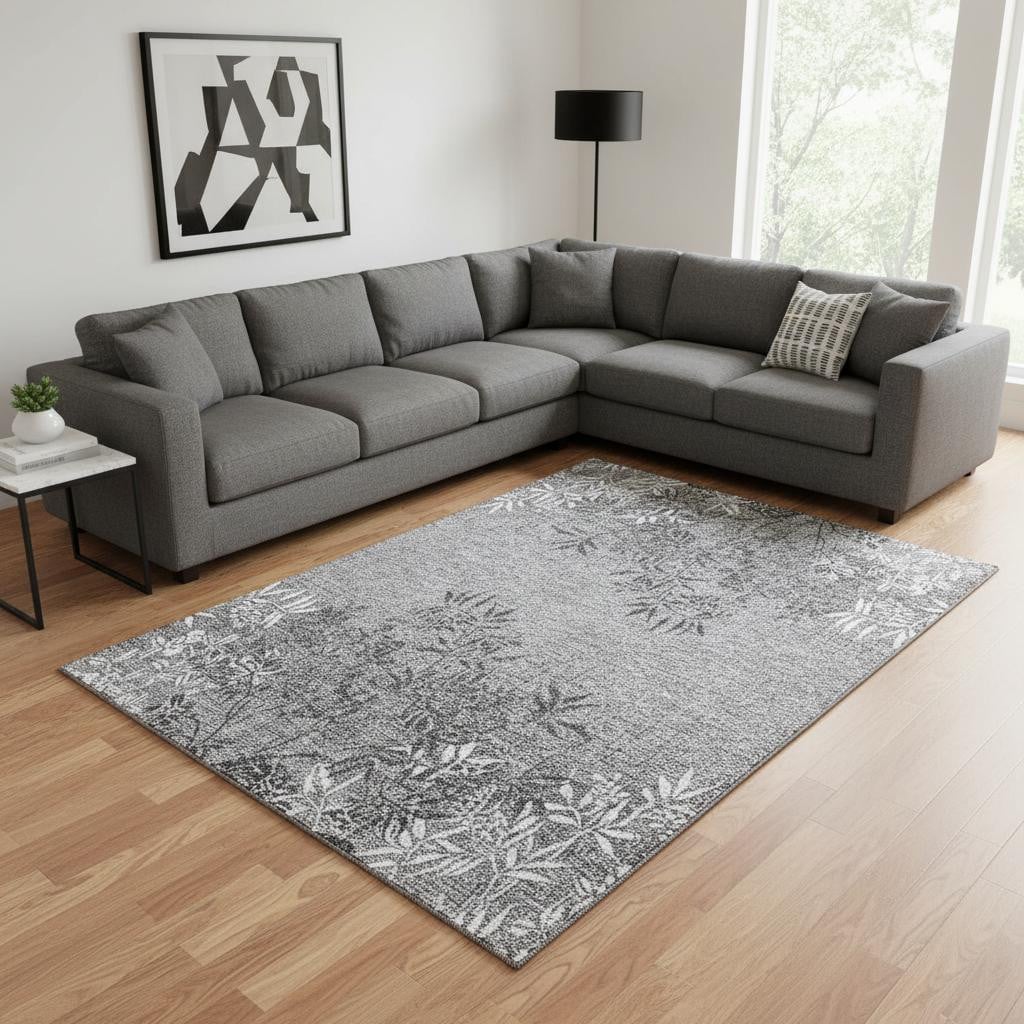 655667 9 x 12 ft. Pewter & Ivory Floral Washable Machine Made Rectangle Area Rug with UV Protection