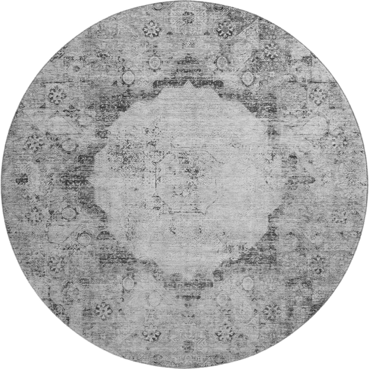 655701 8 ft. Gray & Silver Oriental Washable Round Area Rug with UV Protection