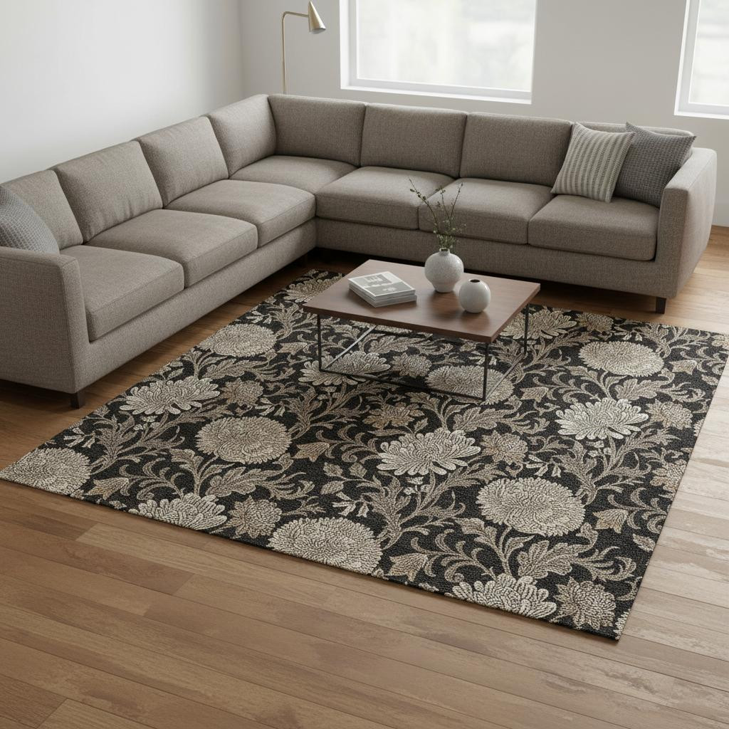 655774 8 x 10 ft. Black & Beige Floral Transitional Washable Machine Made Rectangle Area Rug with UV Protection