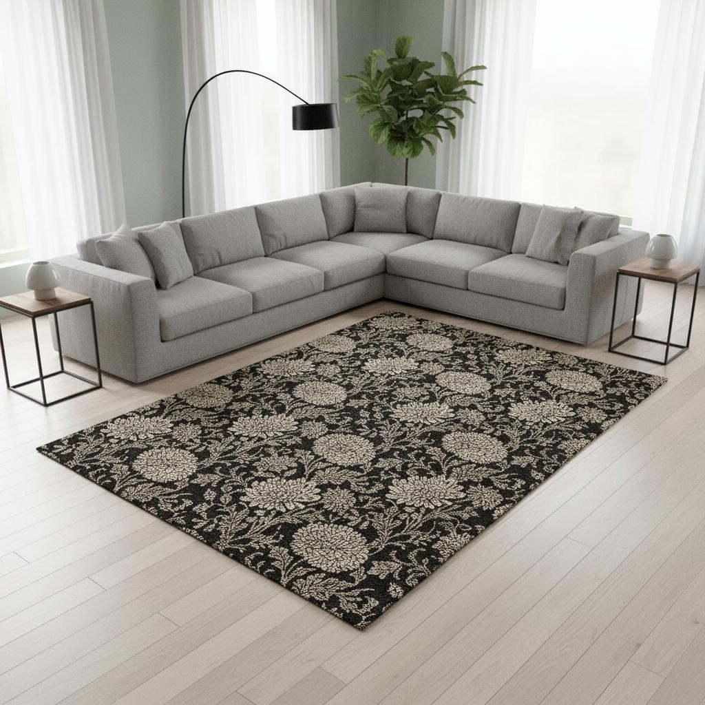 655775 9 x 12 ft. Black & Beige Floral Transitional Washable Machine Made Rectangle Area Rug with UV Protection