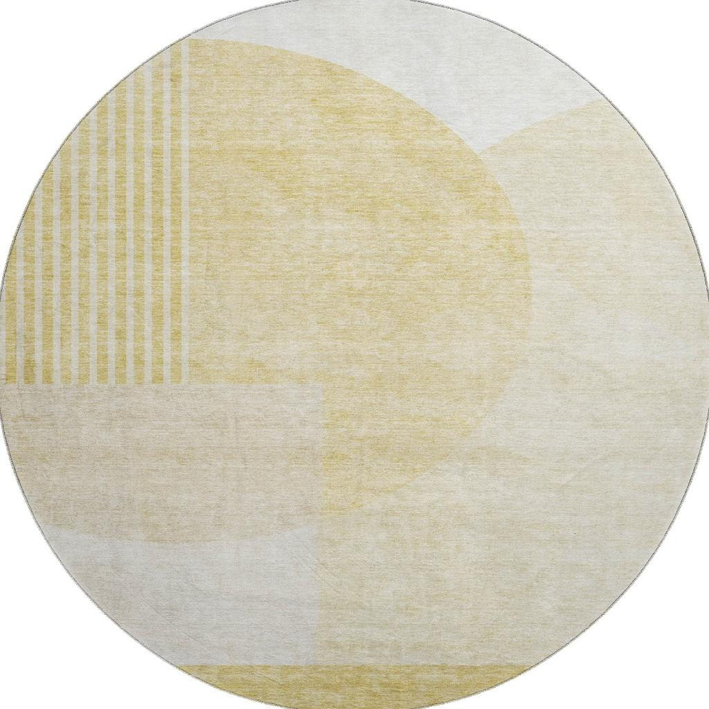 655839 8 ft. Gold & Ivory Geometric Transitional Washable Round Area Rug with UV Protection