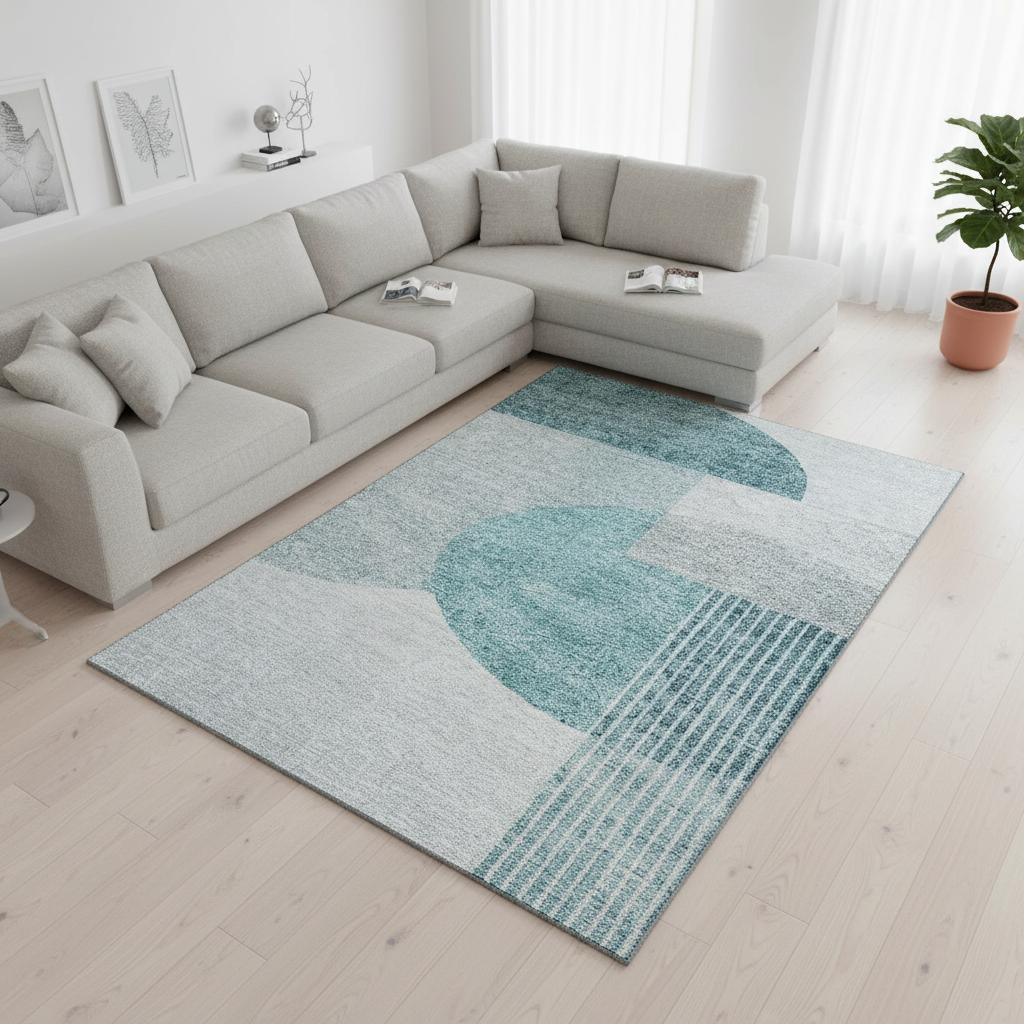 655866 10 x 14 ft. Teal & Ivory Geometric Transitional Washable Machine Made Rectangle Area Rug with UV Protection