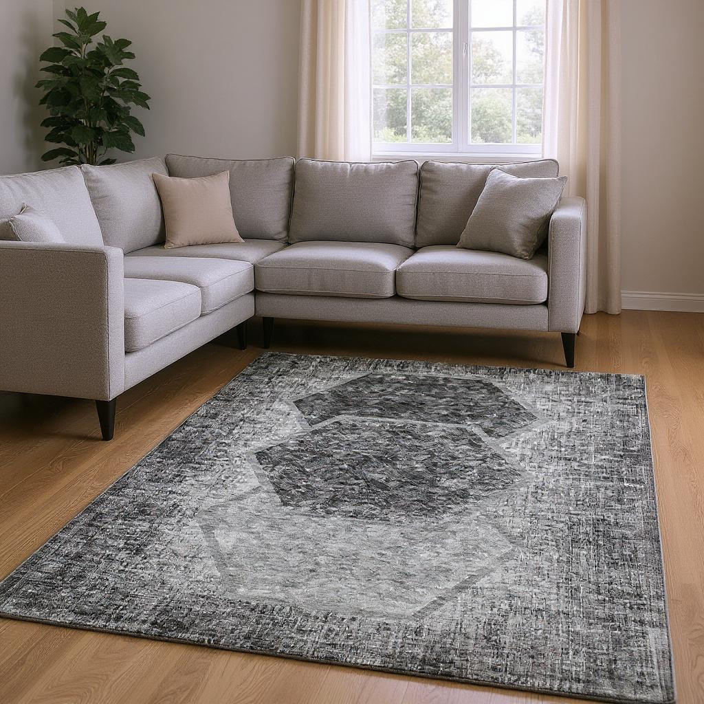 655884 10 x 14 ft. Gray & Silver Geometric Transitional Washable Machine Made Rectangle Area Rug with UV Protection