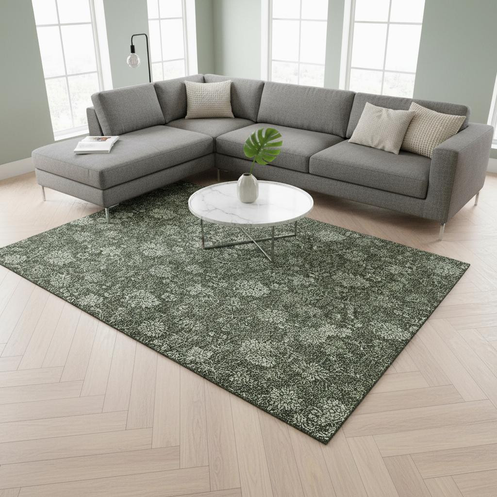 655932 10 x 14 ft. Olive Green & Gray Floral Transitional Washable Machine Made Rectangle Area Rug with UV Protection