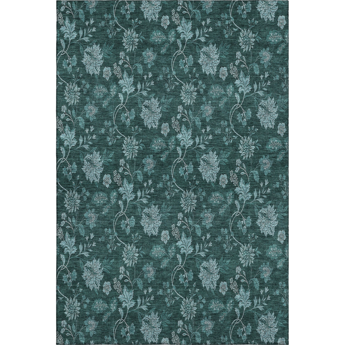655944 10 x 14 ft. Teal & Ivory Floral Transitional Washable Machine Made Rectangle Area Rug with UV Protection