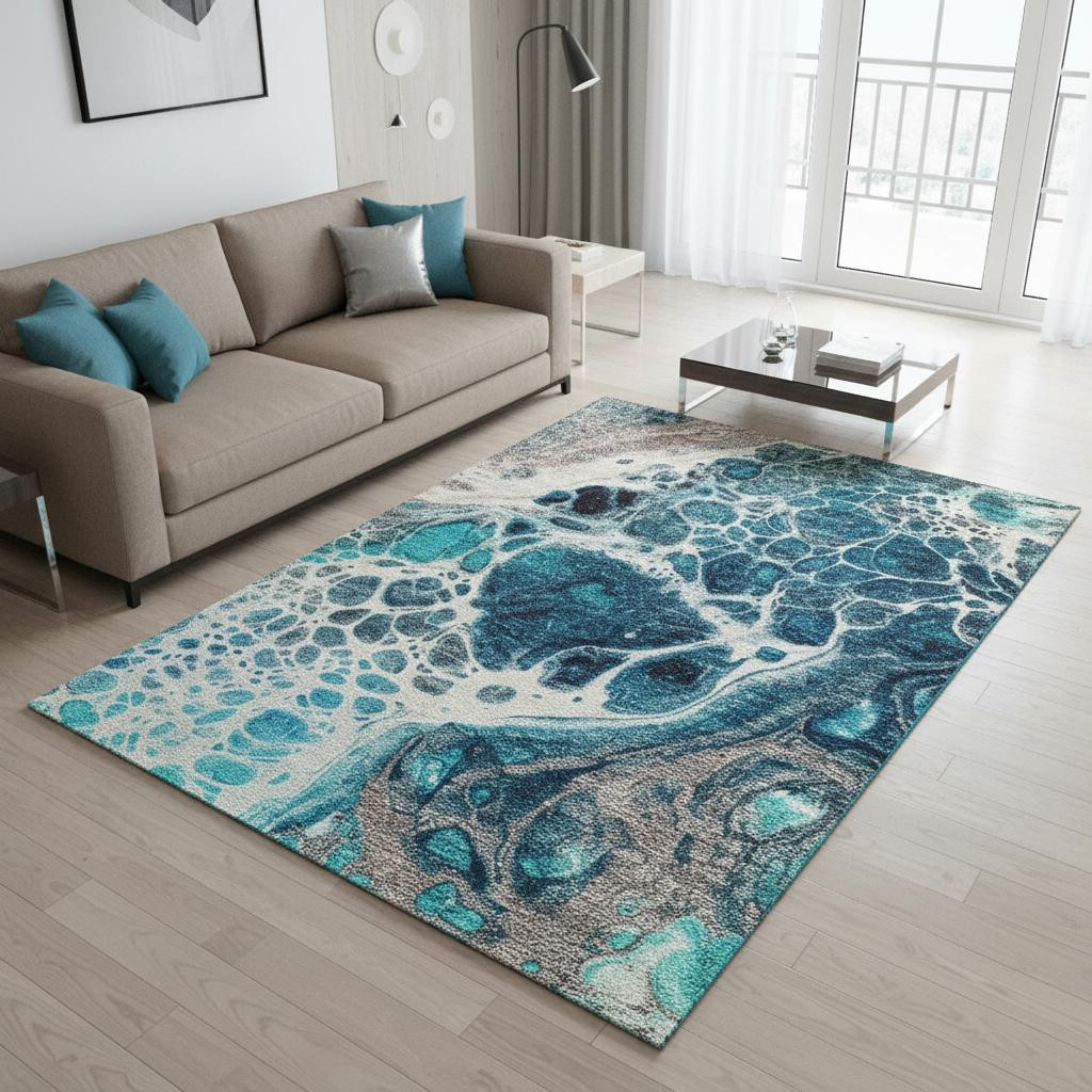 656066 5 x 8 ft. Teal Ivory & Gray Abstract Transitional Washable Machine Made Rectangle Area Rug with UV Protection