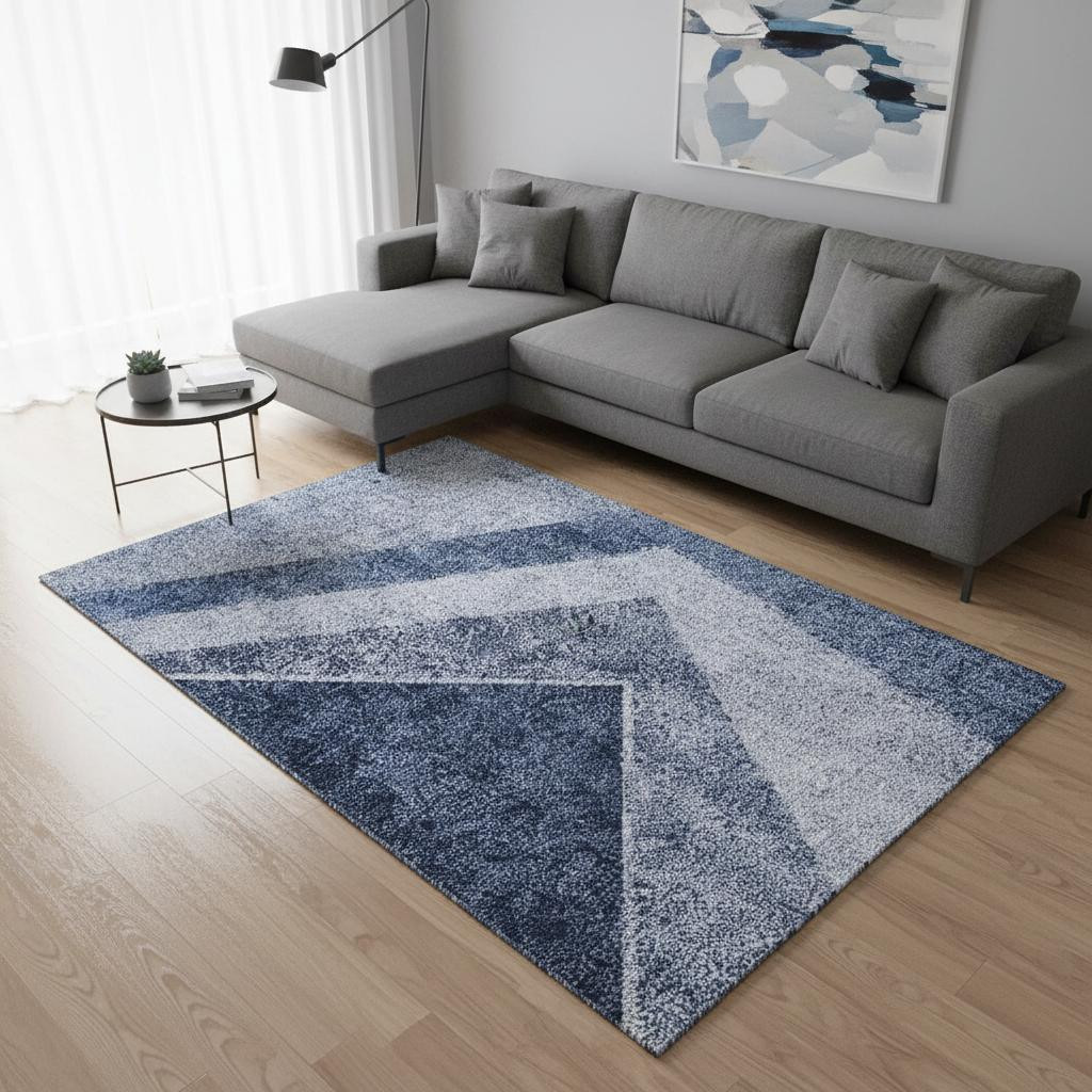 655559 8 x 10 ft. Blue & Ivory Geometric Transitional Washable Machine Made Rectangle Area Rug with UV Protection