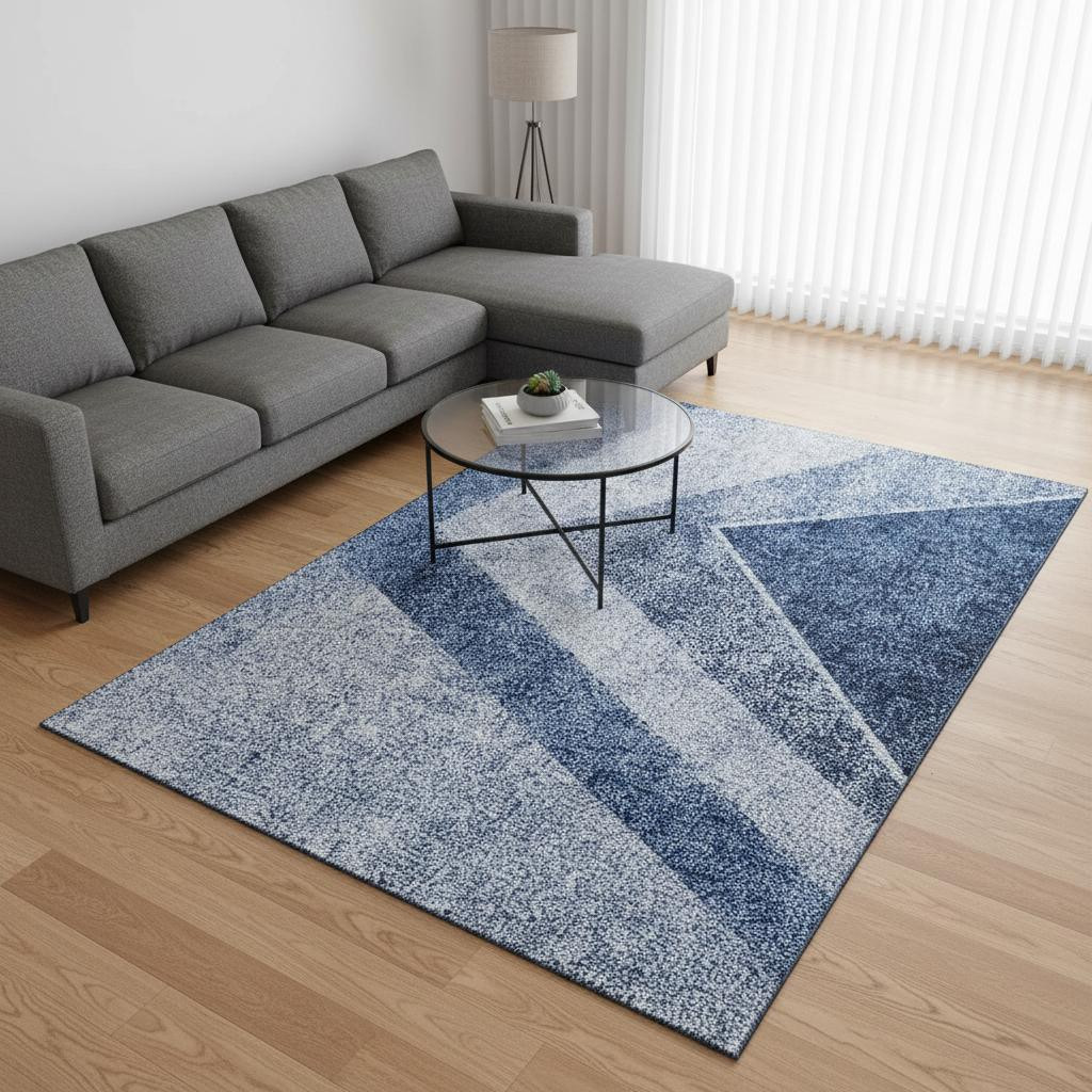 655561 10 x 14 ft. Blue & Ivory Geometric Transitional Washable Machine Made Rectangle Area Rug with UV Protection