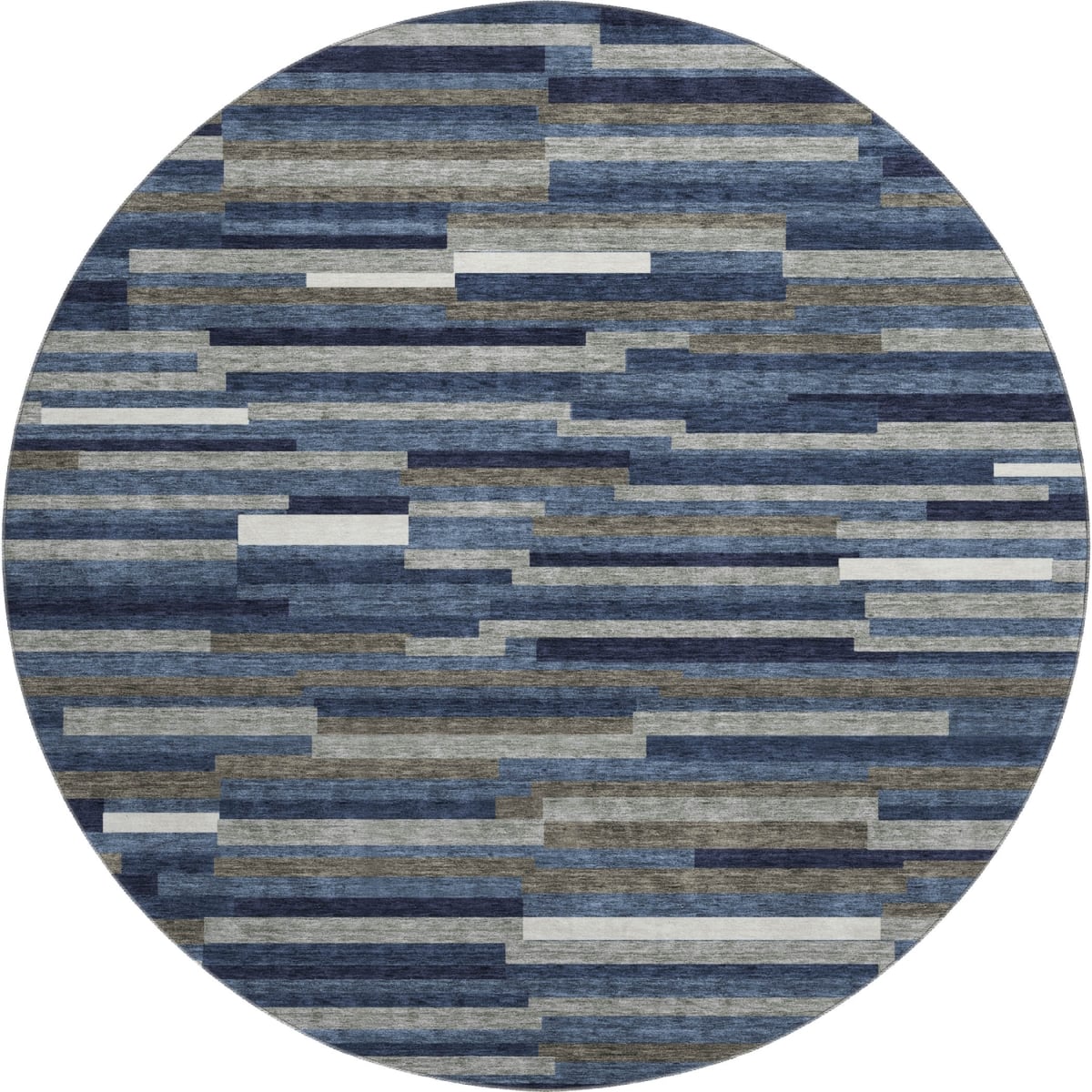 671069 8 ft. Navy Blue, Ivory & Gray Striped Transitional Washable Round Area Rug with UV Protection