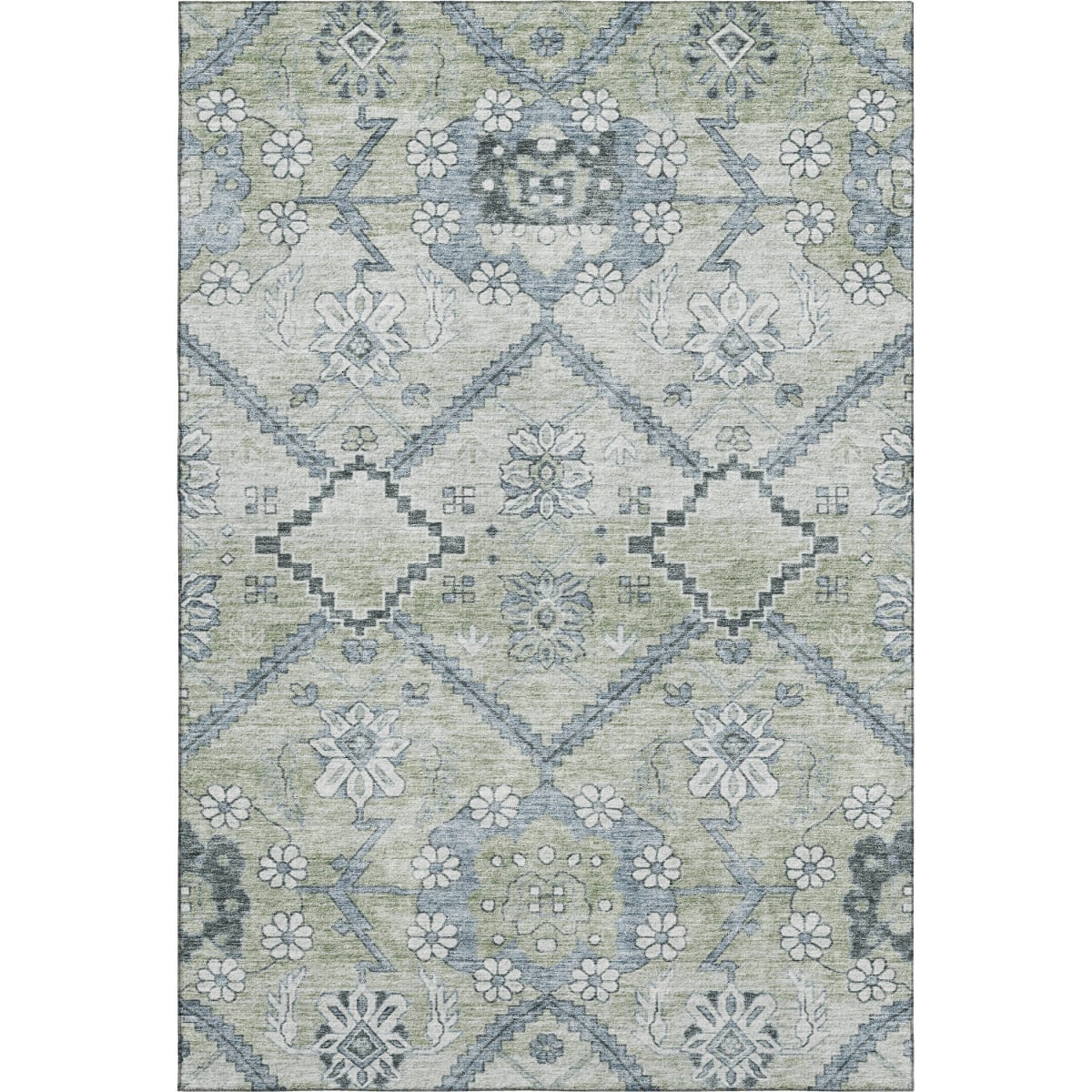 667200 5 x 8 ft. Artichoke Green & Gray Floral Transitional Washable Machine Made Rectangle Area Rug with UV Protection