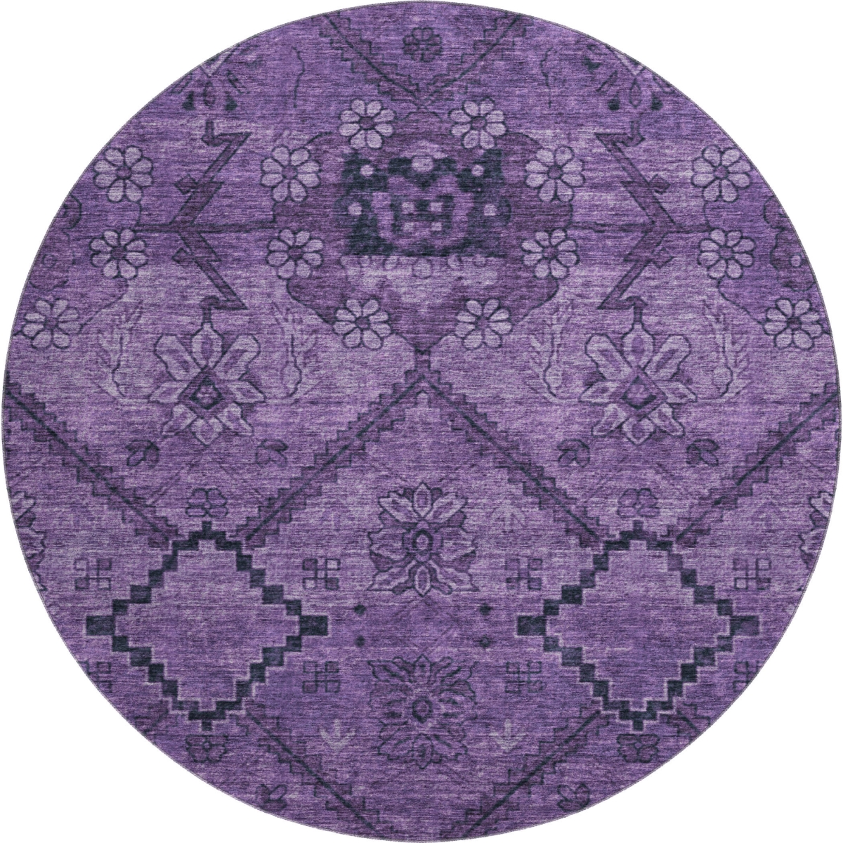 667237 8 ft. Eggplant & Gray Floral Transitional Washable Round Area Rug with UV Protection