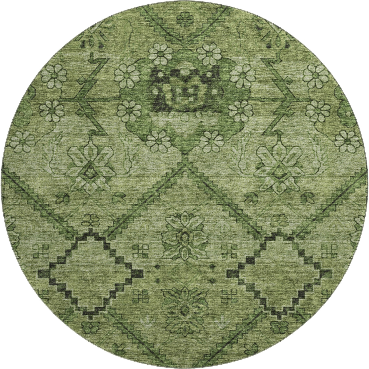 667249 8 ft. Olive Green & Gray Floral Transitional Washable Round Area Rug with UV Protection