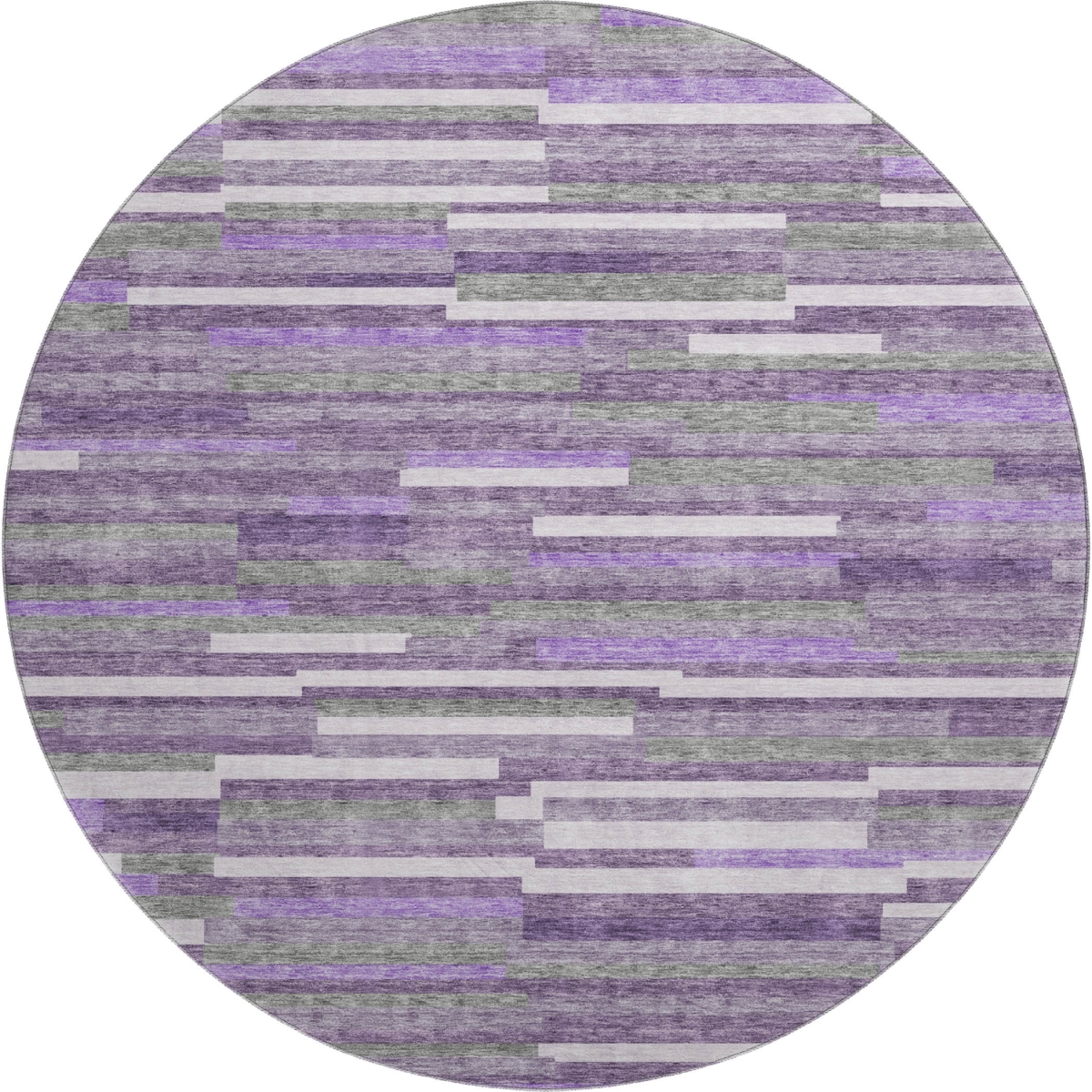 671087 8 ft. Purple, Ivory & Gray Striped Transitional Washable Round Area Rug with UV Protection