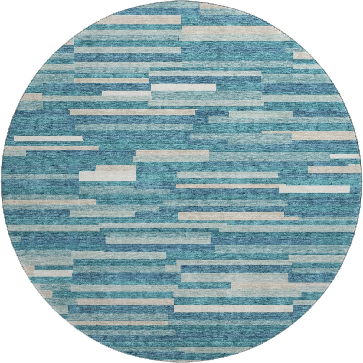 671111 8 ft. Teal Ivory & Gray Striped Transitional Washable Round Area Rug with UV Protection