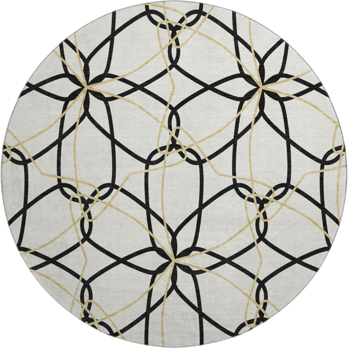 675555 8 ft. White Black & Gold Geometric Washable Round Area Rug with UV Protection