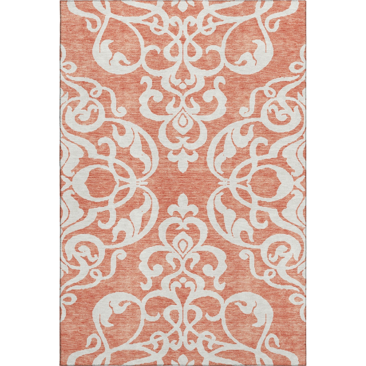 676912 8 x 10 ft. Coral & Ivory Damask Washable Machine Made Rectangle Area Rug with UV Protection