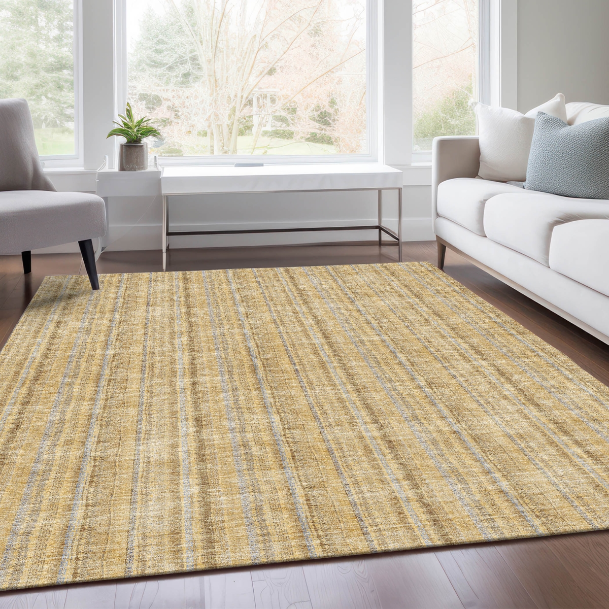 677596 9 x 12 ft. Wheat Gray & Gold Striped Washable Machine Made Rectangle Area Rug with UV Protection