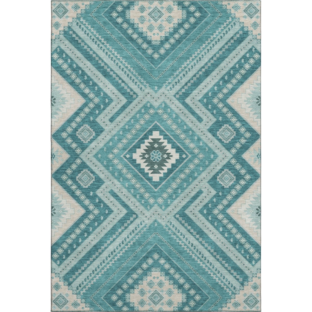 679317 9 x 12 ft. Teal Beige & Aqua Tribal Washable Machine Made Rectangle Area Rug with UV Protection