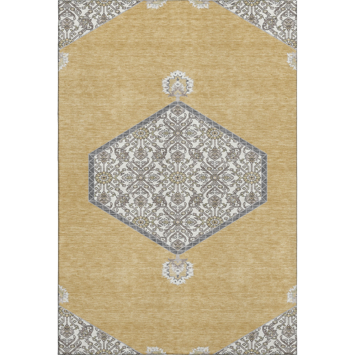 679356 5 x 8 ft. Gold Ivory & Gray Oriental Traditional Washable Machine Made Rectangle Area Rug with UV Protection