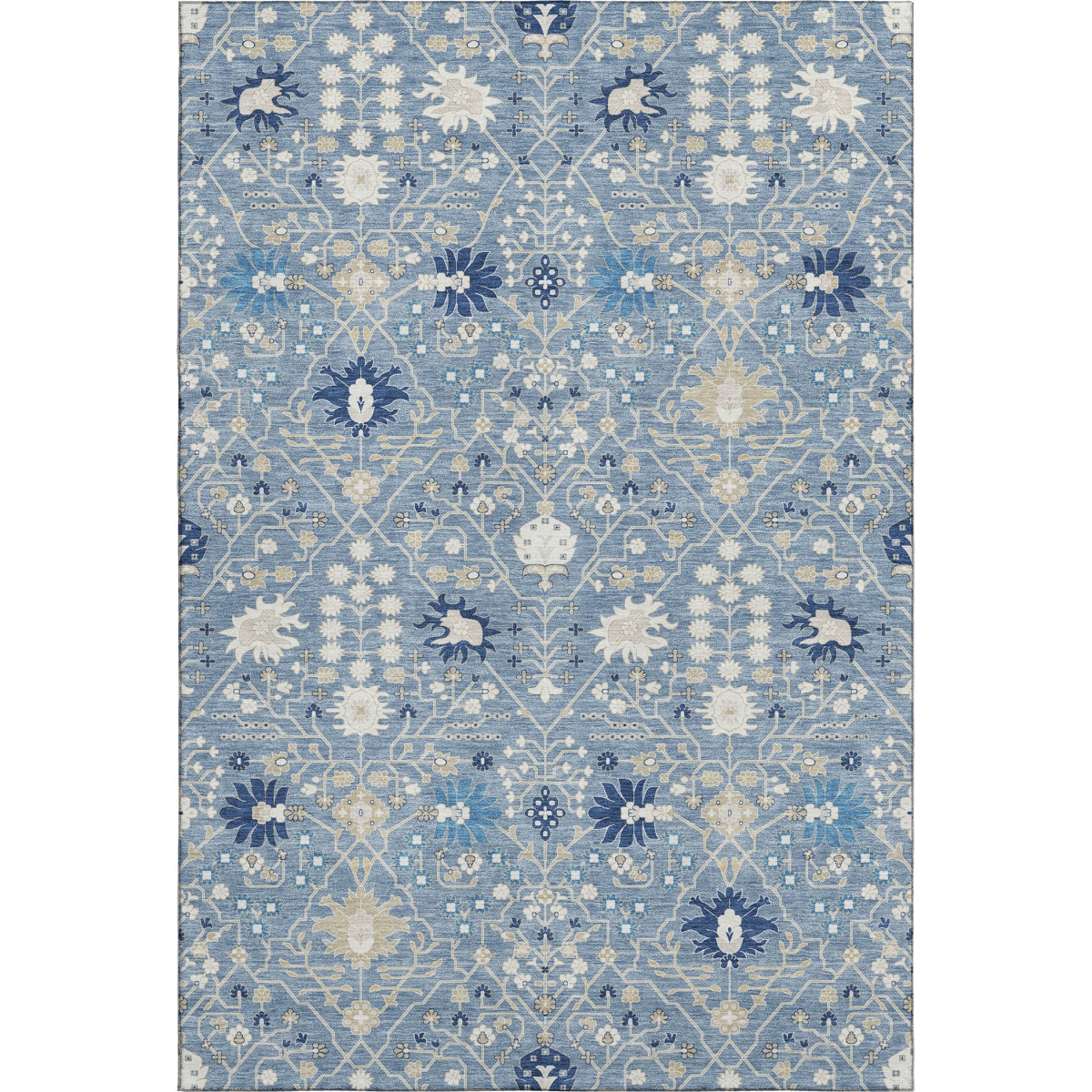 679197 9 x 12 ft. Denim Blue Beige & Ivory Oriental Washable Machine Made Rectangle Area Rug with UV Protection