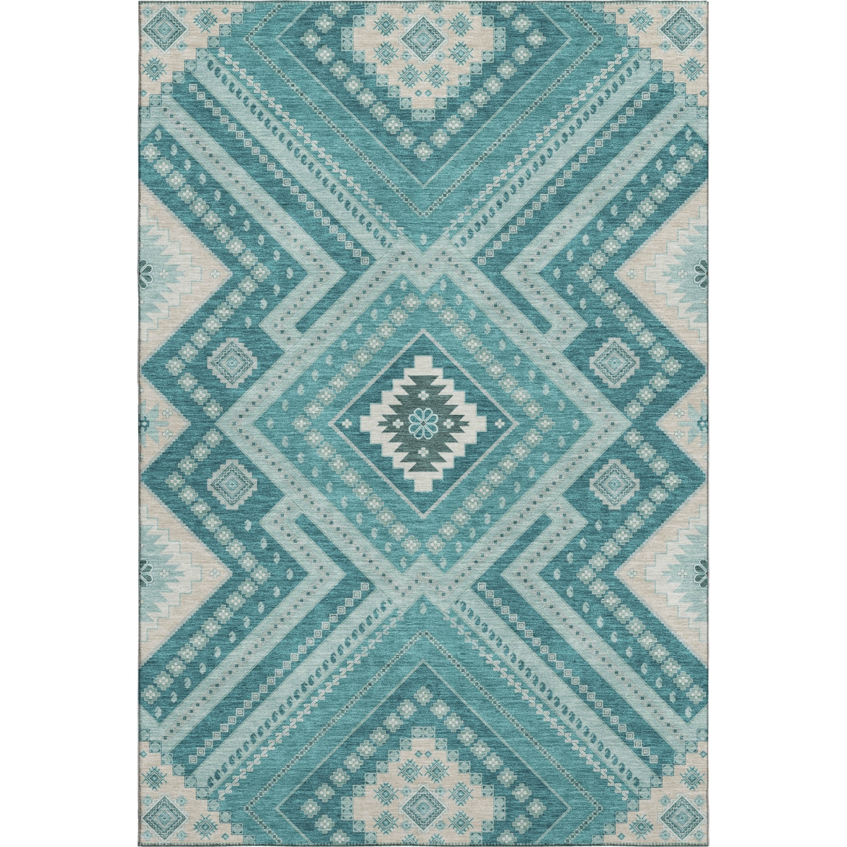 679318 10 x 14 ft. Teal Beige & Aqua Tribal Washable Machine Made Rectangle Area Rug with UV Protection