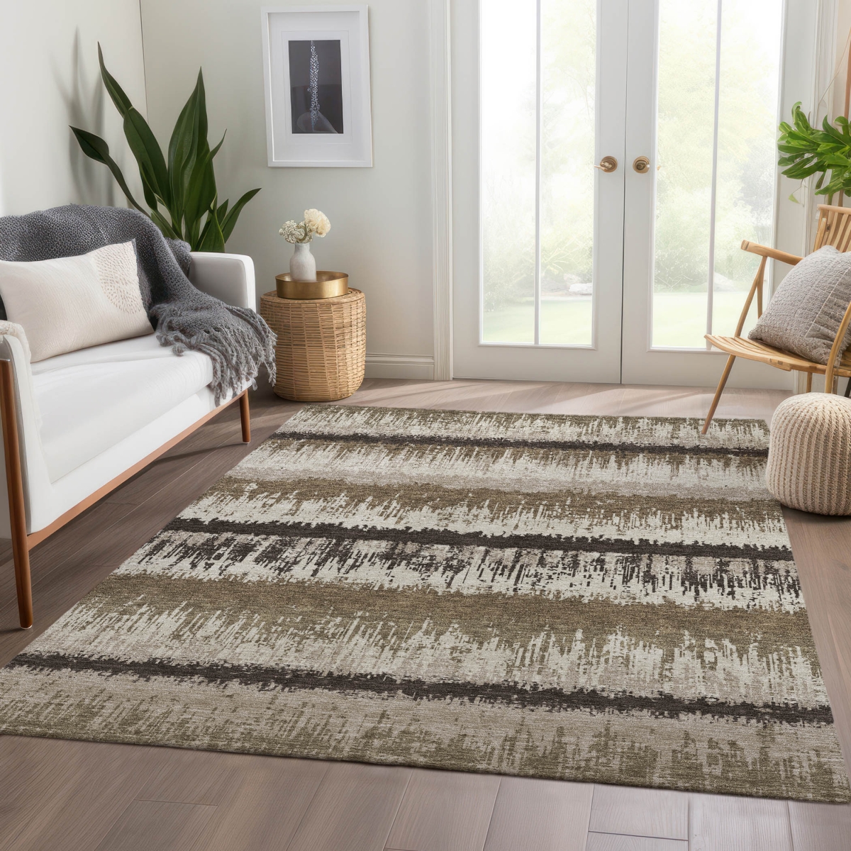 679482 5 x 8 ft. Brown, Beige & Ivory Striped Washable Machine Made Rectangle Area Rug with UV Protection