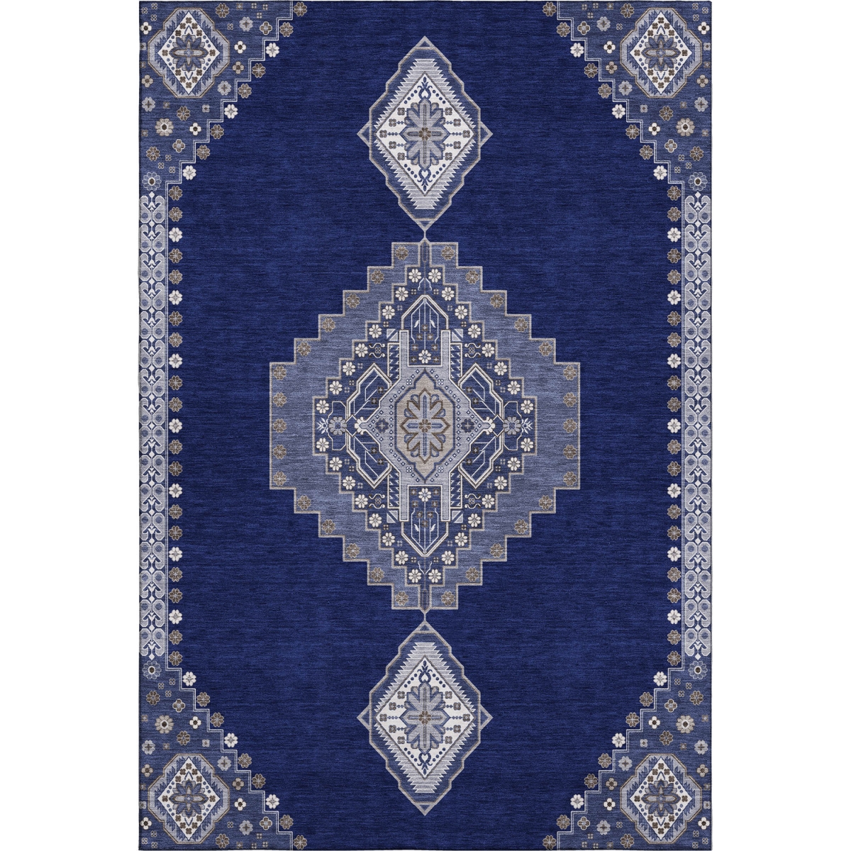 679584 5 x 8 ft. Navy Blue, Ivory & Gray Oriental Traditional Washable Machine Made Rectangle Area Rug with UV Protection