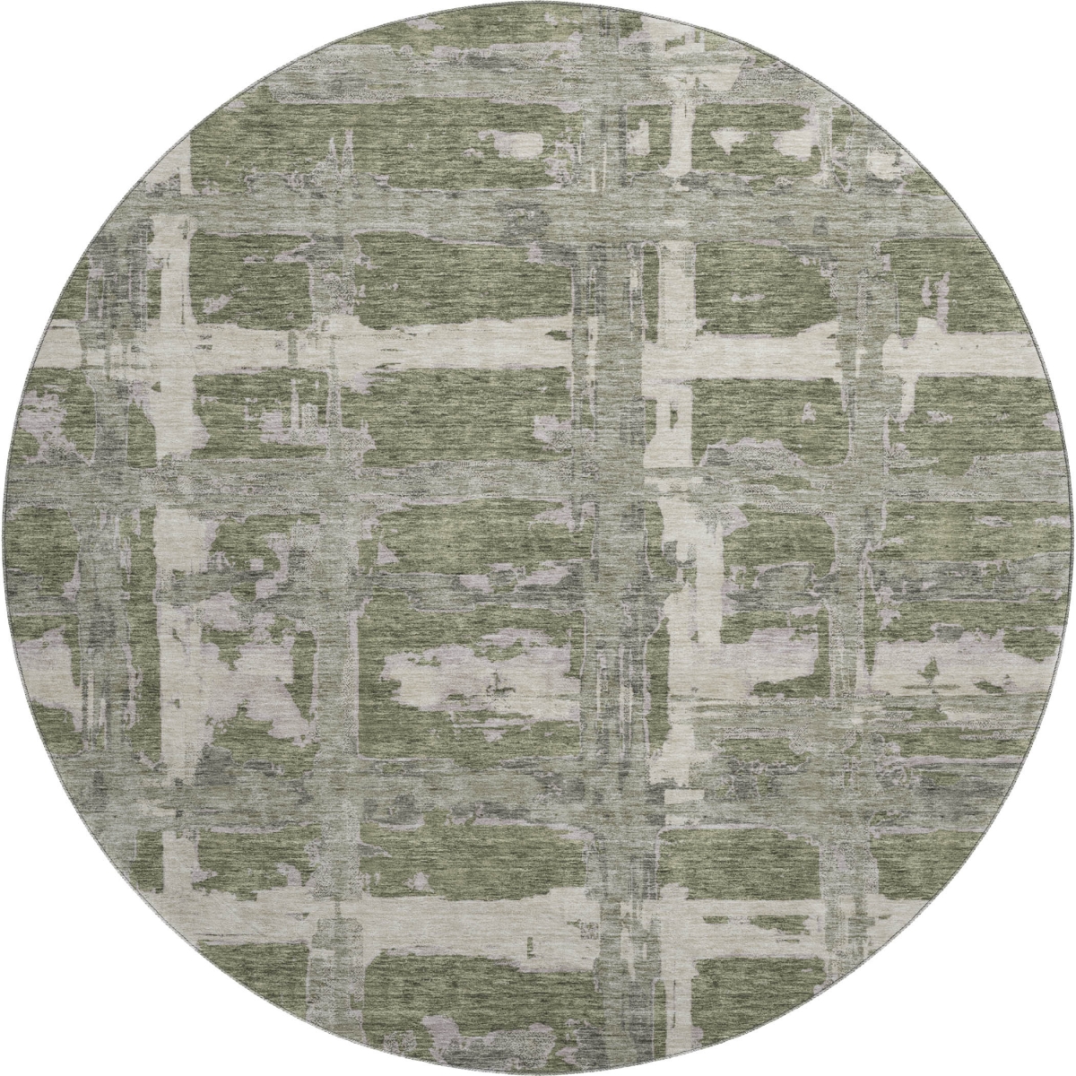 662792 8 ft. Olive Green & Beige Striped Transitional Washable Round Area Rug with UV Protection
