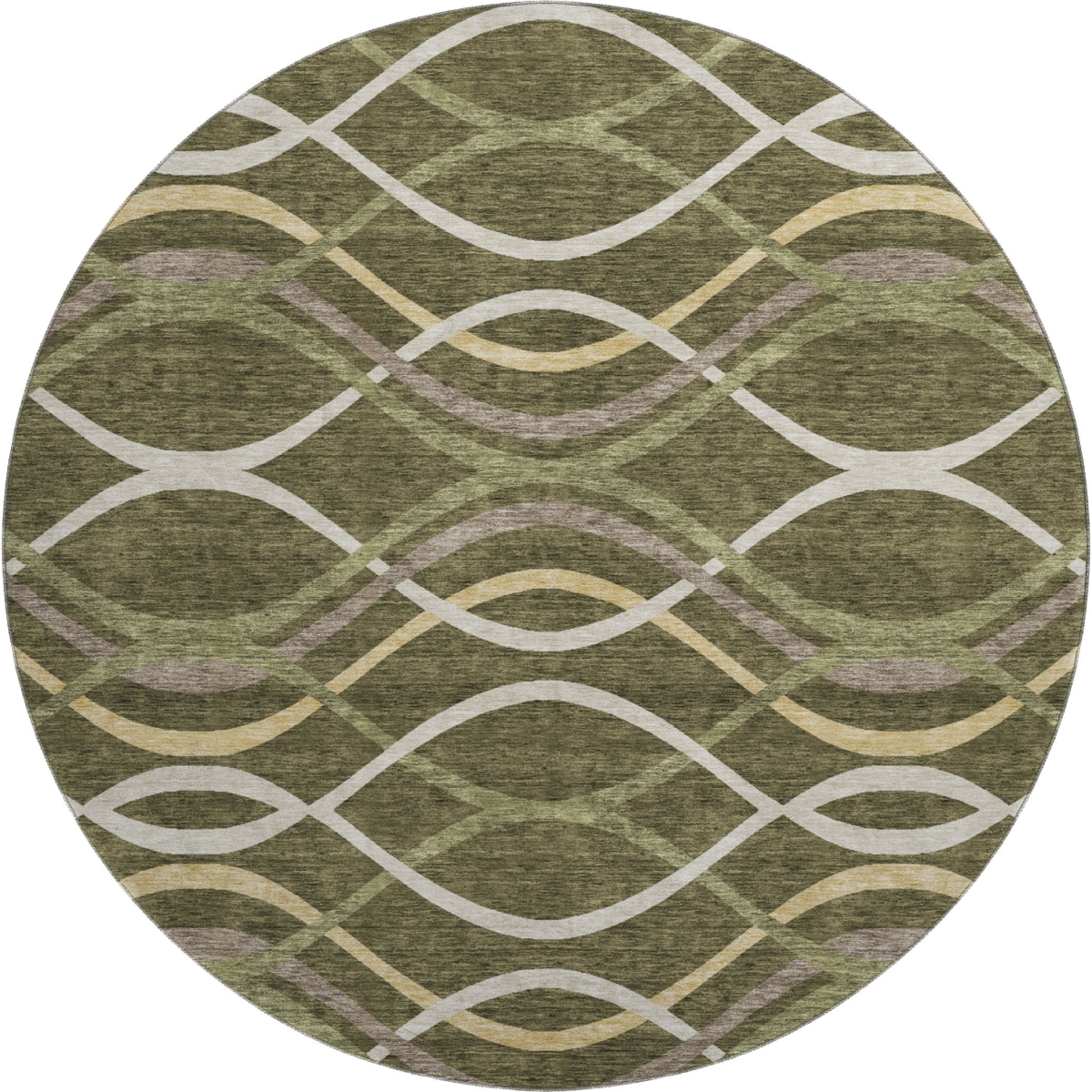 663601 8 ft. Olive Green, Ivory & Gold Abstract Washable Round Area Rug with UV Protection