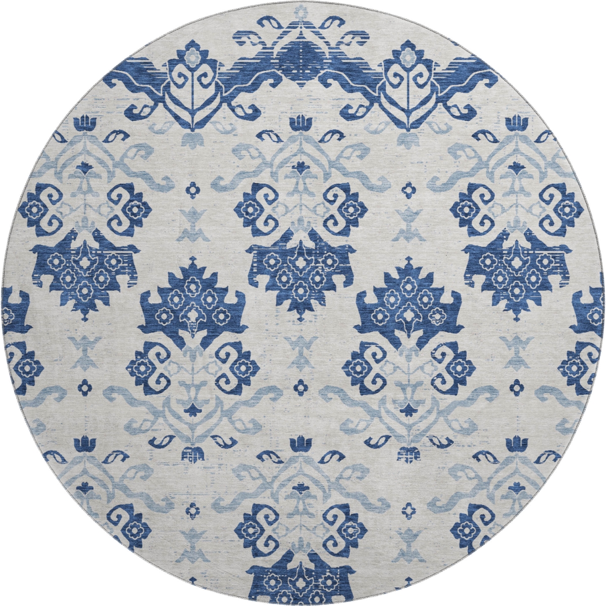 663777 8 ft. Navy Blue & Ivory Medallion Transitional Washable Round Area Rug with UV Protection