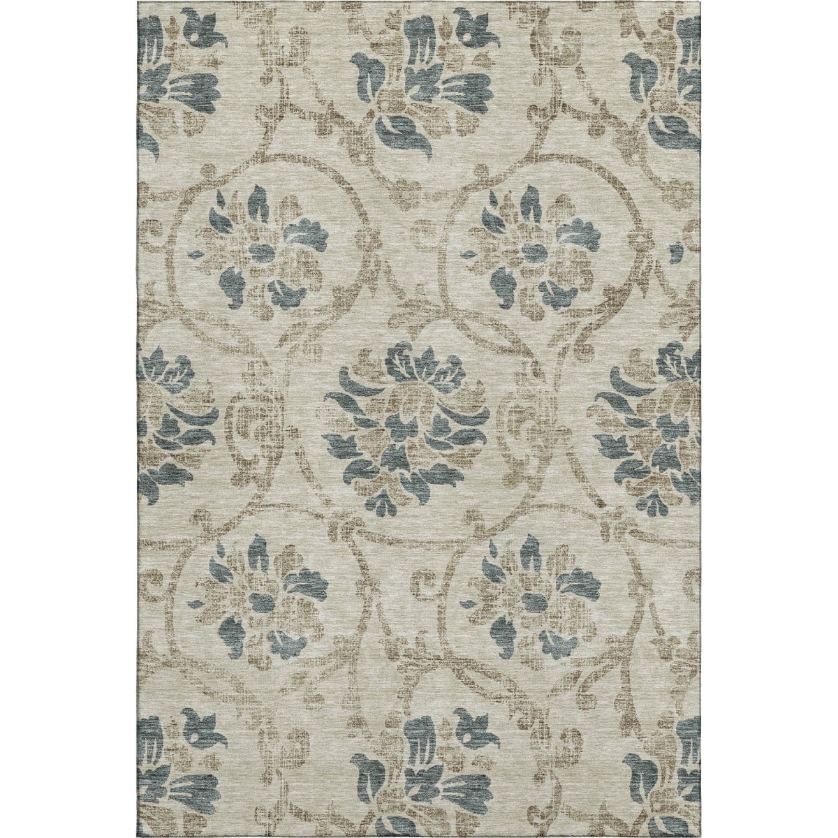 663941 9 x 12 ft. Beige, Blue & Tan Floral Washable Machine Made Rectangle Area Rug with UV Protection