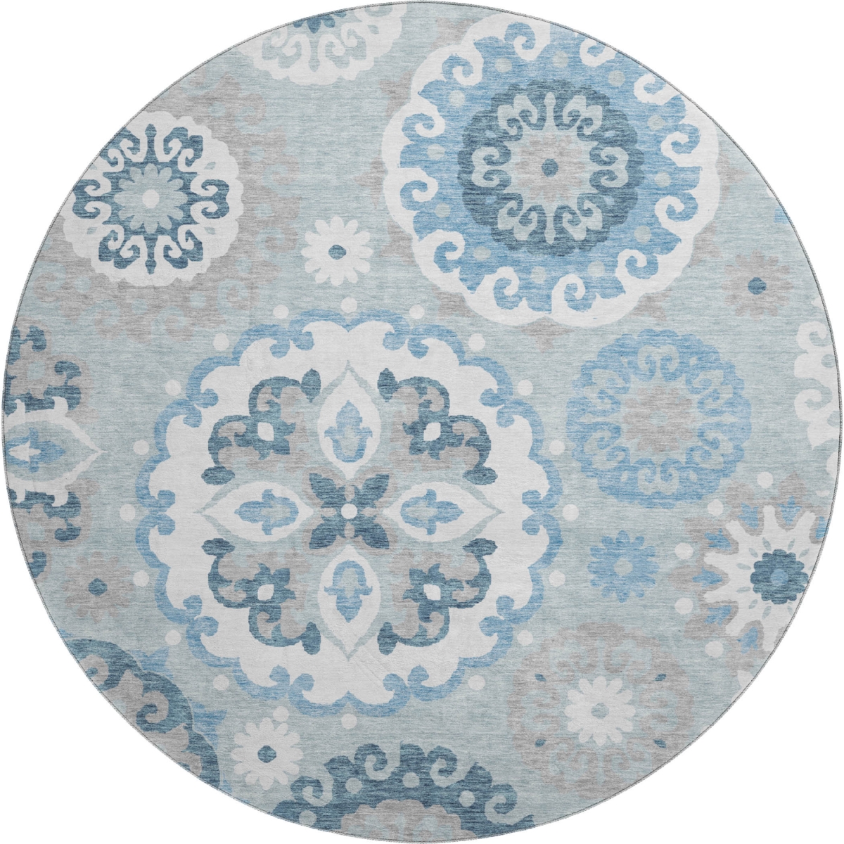 664065 8 ft. Sky Blue & Ivory Medallion Transitional Washable Round Area Rug with UV Protection
