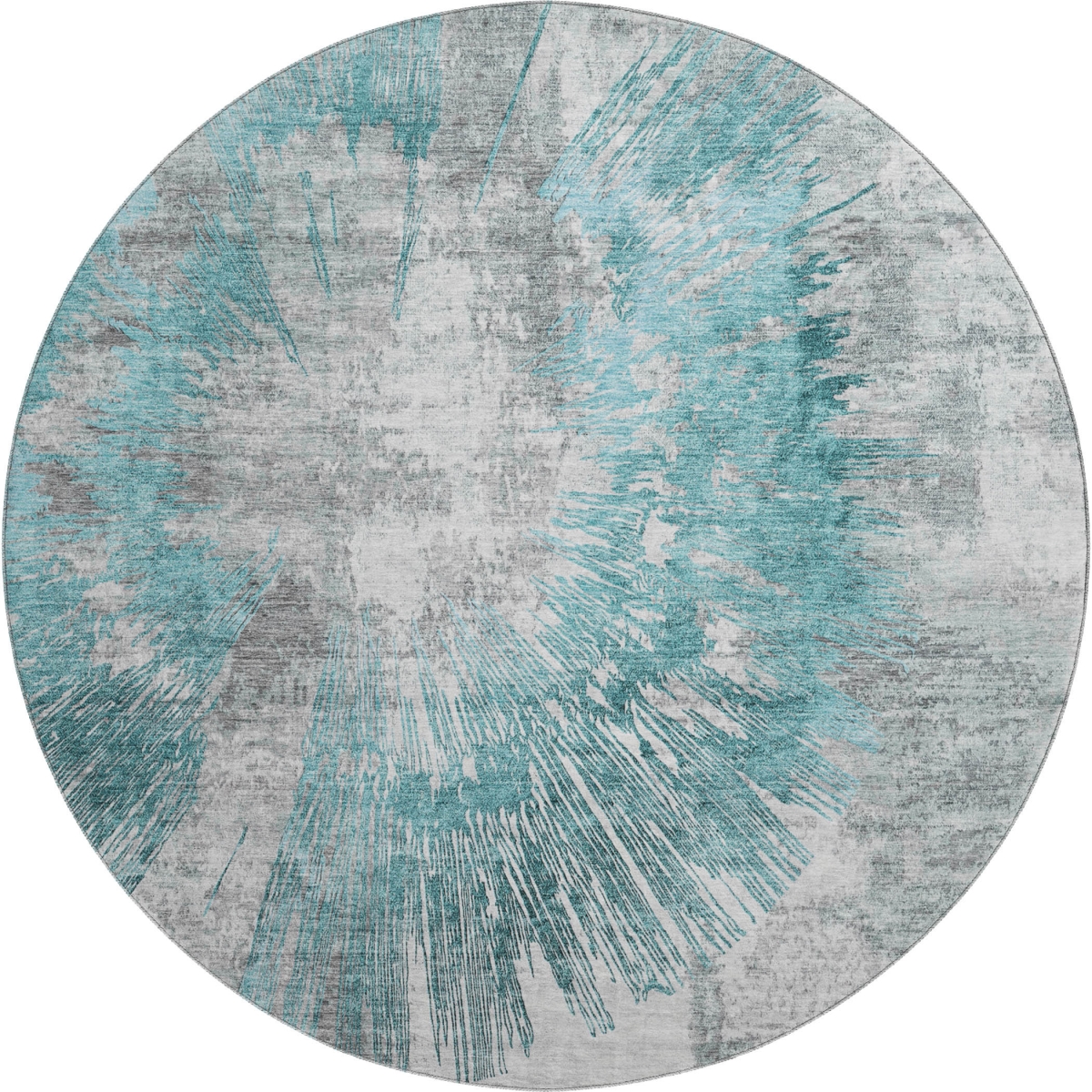 664711 8 ft. Teal Ivory & Gray Abstract Transitional Washable Round Area Rug with UV Protection