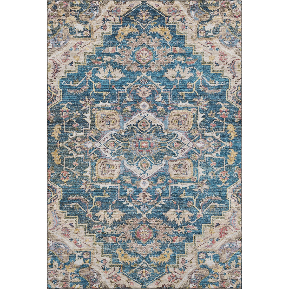 664722 5 x 8 ft. Blue Gold & Rust Floral Medallion Washable Machine Made Rectangle Area Rug with UV Protection