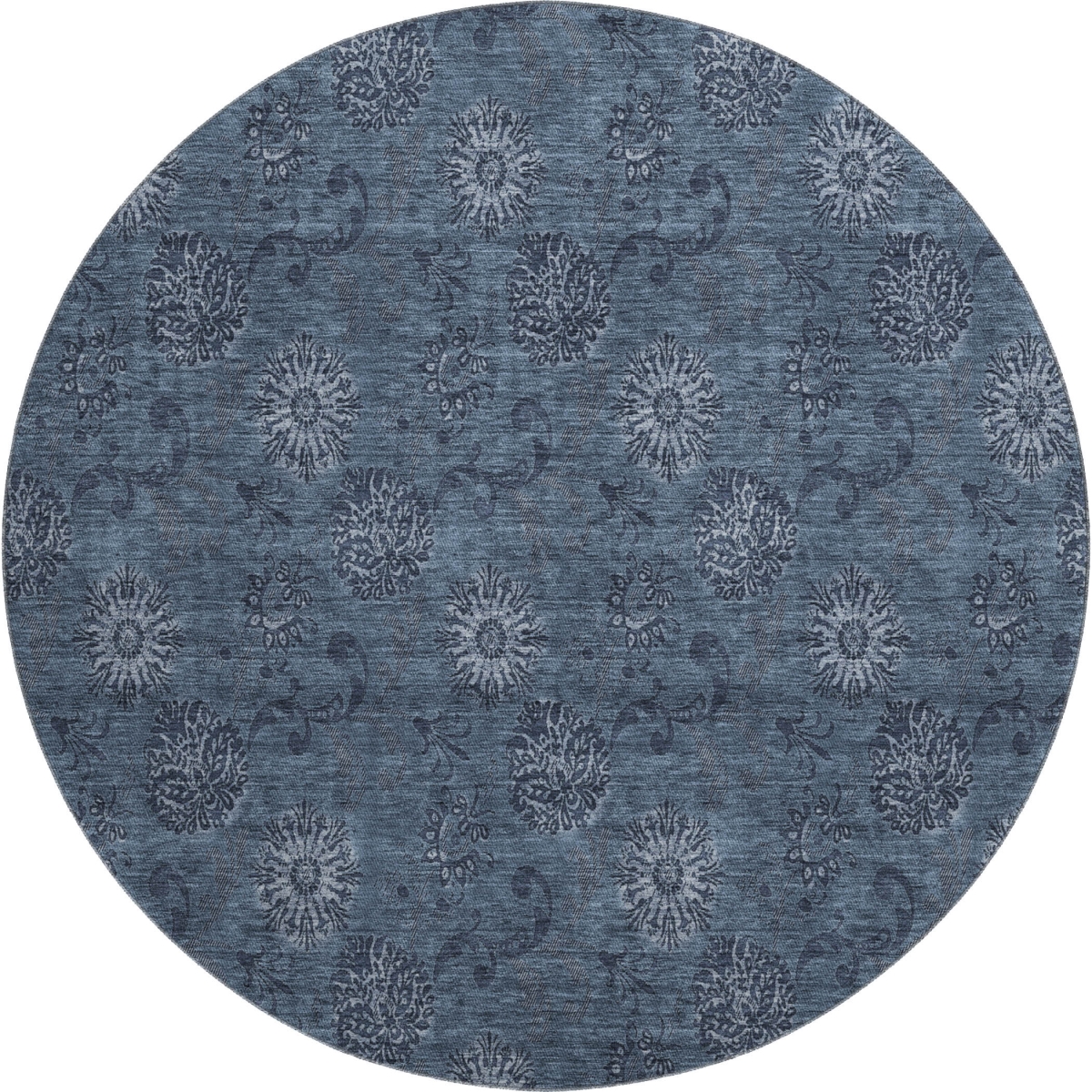 665305 8 ft. Blue & Ivory Floral Transitional Washable Round Area Rug with UV Protection