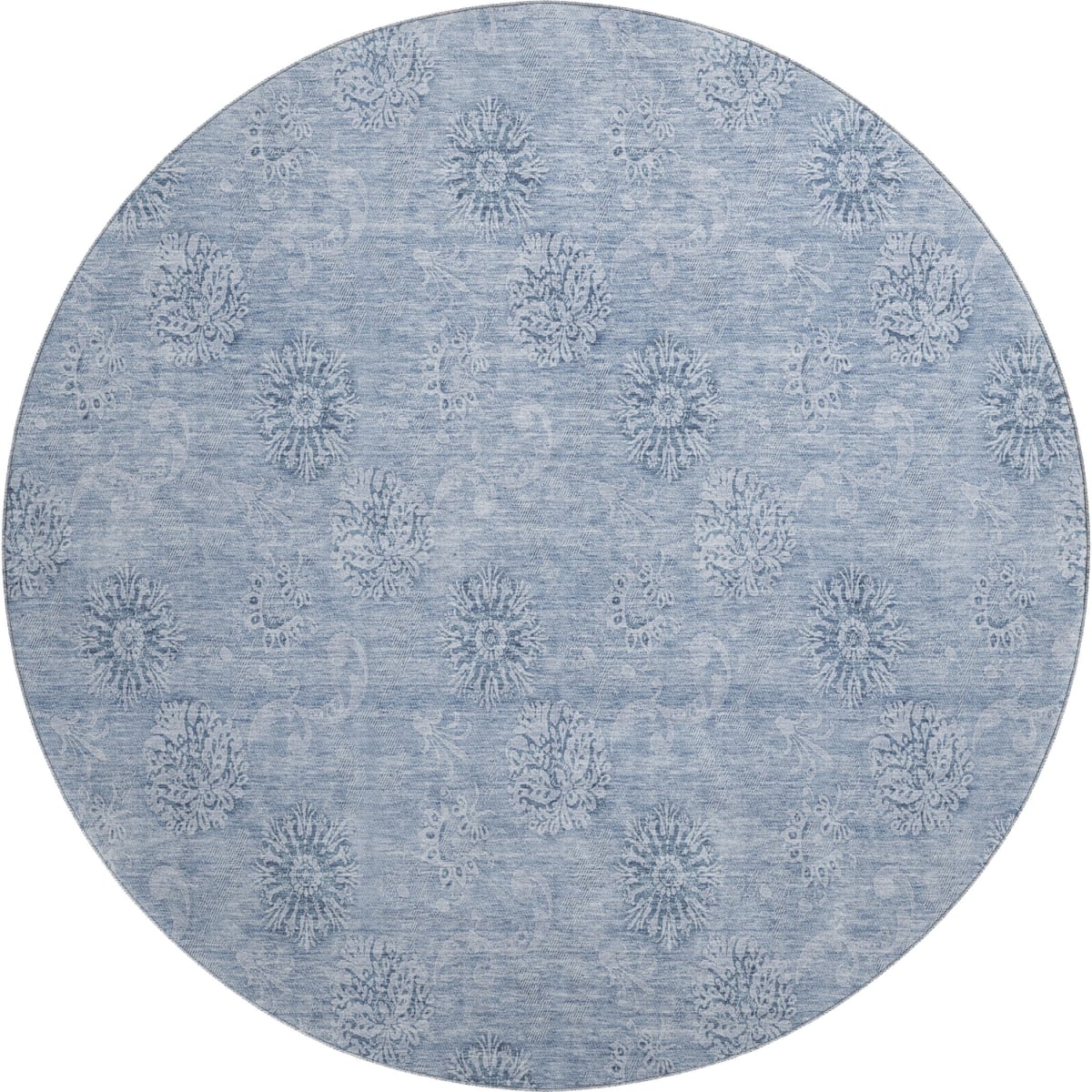 665365 8 ft. Sky Blue & Ivory Floral Transitional Washable Round Area Rug with UV Protection