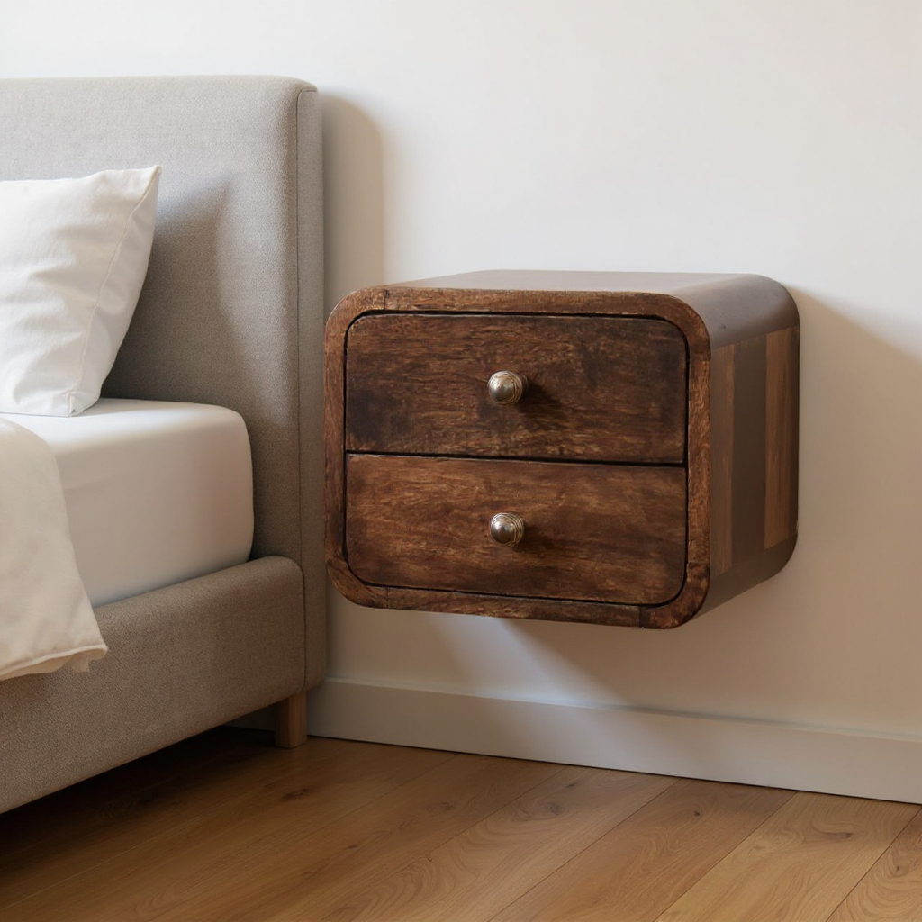 653822 9.80 x 11.80 x 9.80 in. Walnut Solid Wood Square 2 Drawers Floating Nightstand