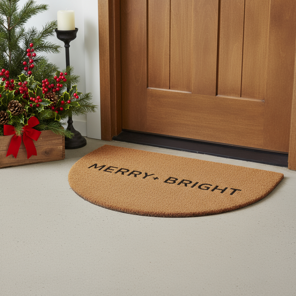 654452 24 x 36 in. Brown & Black Christmas Merry & Bright Semi Circle Outdoor Coir Door Mat