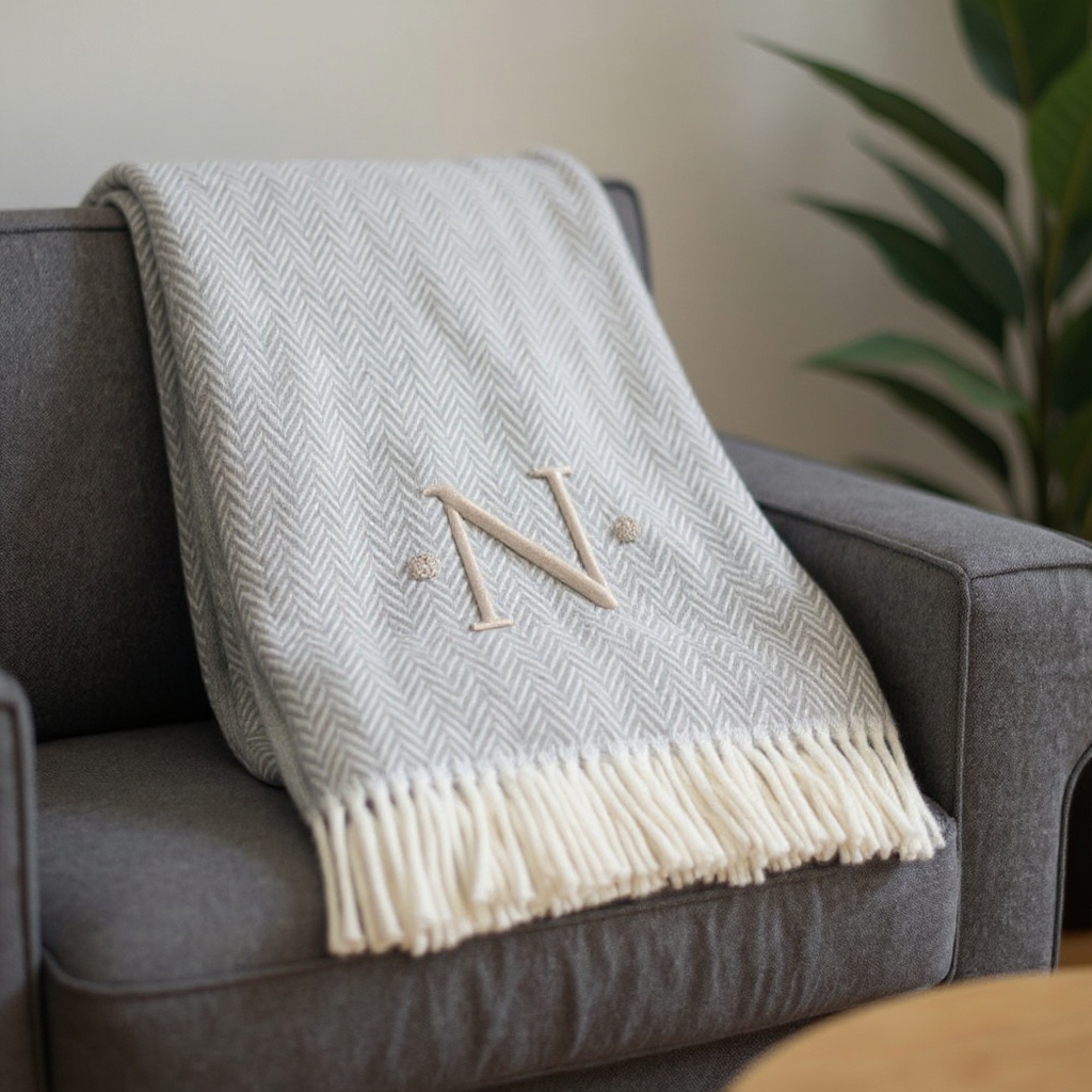655537 70 x 55 x 0.50 in. Gray & White Herringbone Cotton Blend N Initial Throw Blanket with Tassels & Embroidery