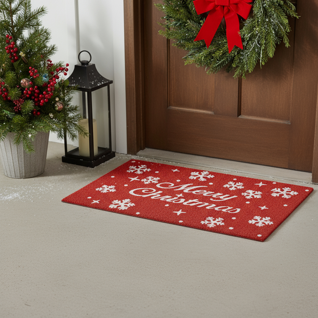 654384 24 x 36 in. Red & White Snowflake Merry Christmas Outdoor Coir Door Mat