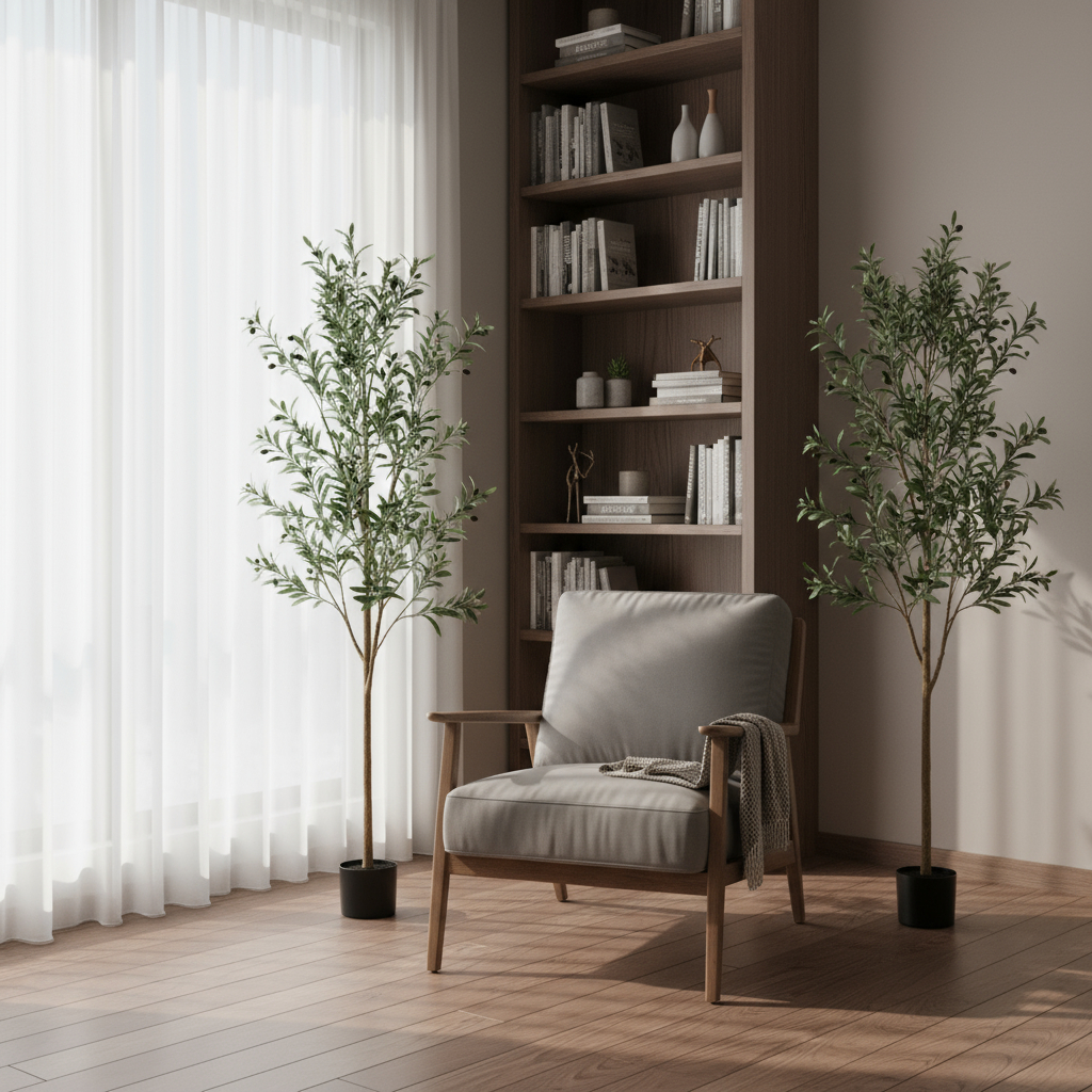 664532 84 in. Green Artificial Olive Trees in a Black Pot - Set of 2