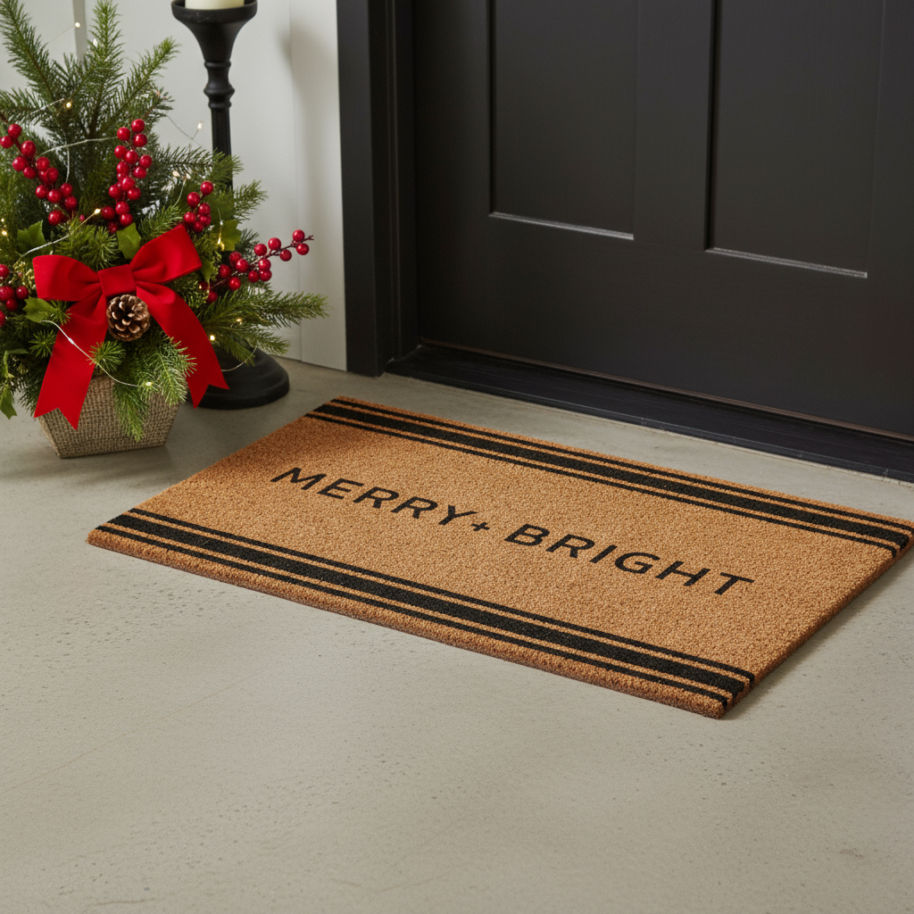 654439 24 x 36 x 0.60 in. Brown & Black Christmas Merry & Bright Outdoor Coir Door Mat