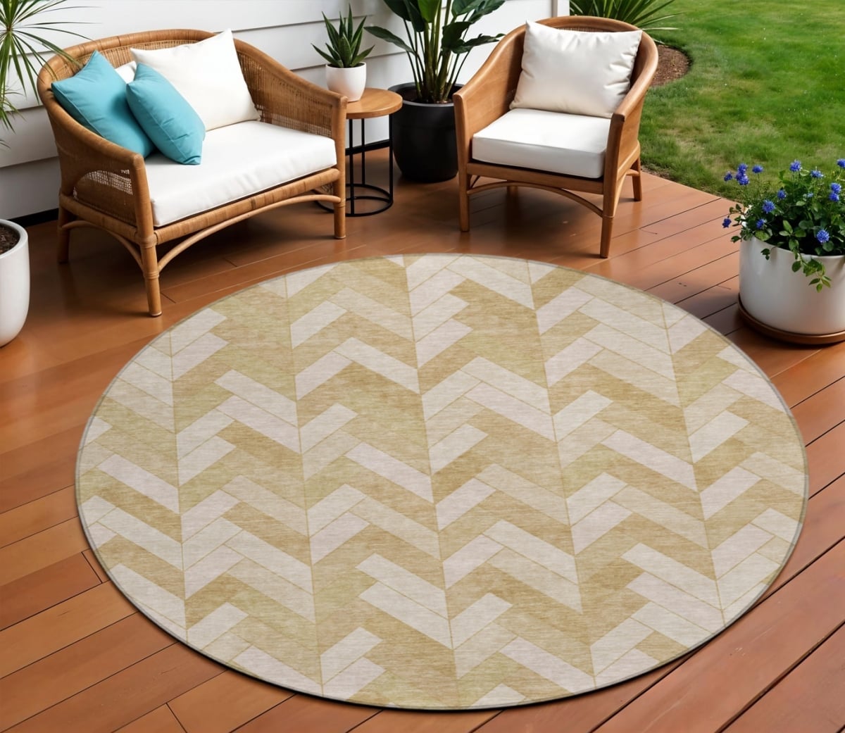 658239 8 ft. Wheat & Beige Geometric Washable Transitional Indoor & Outdoor Round Area Rug