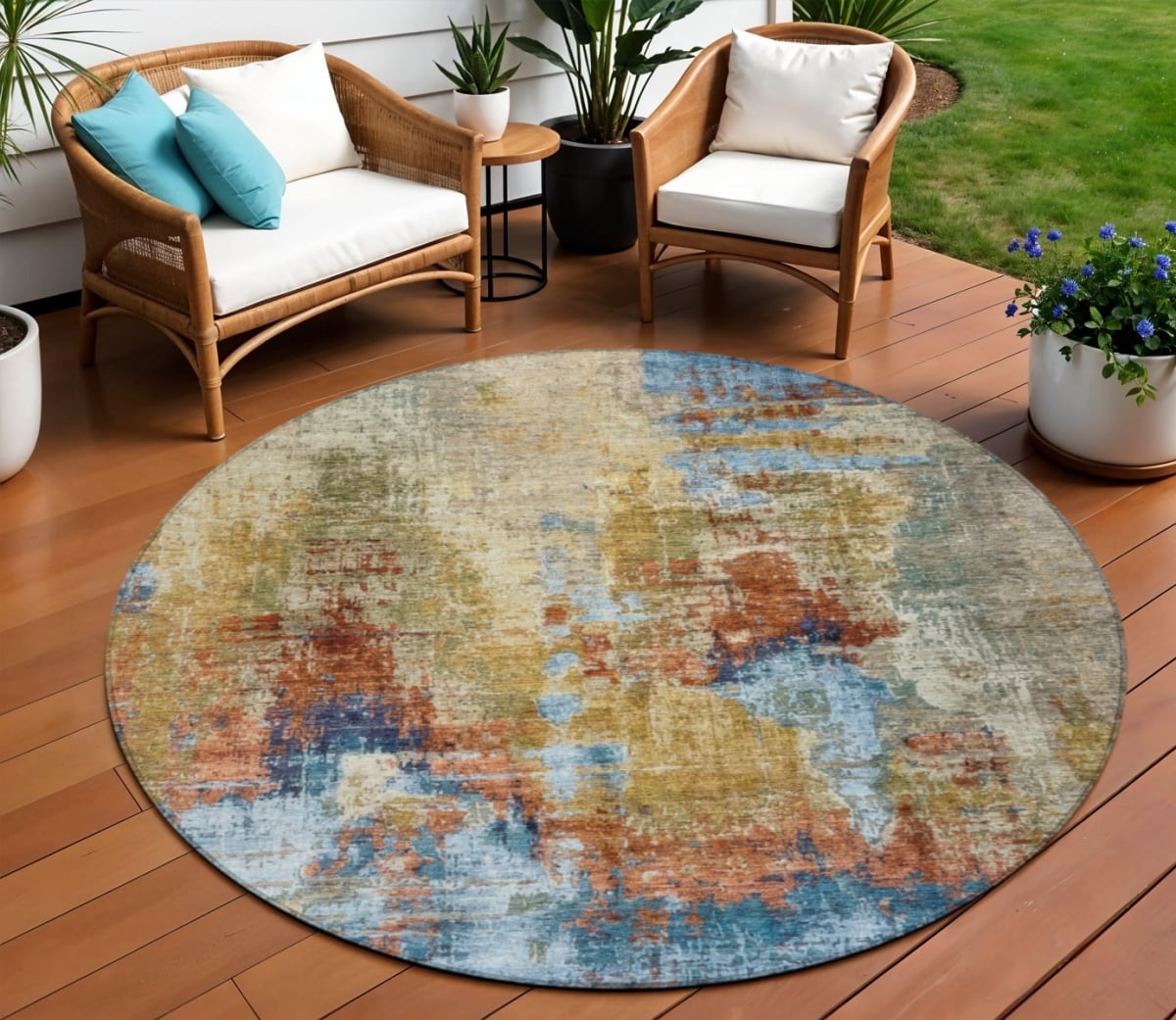 658305 8 ft. Beige Blue & Gold Abstract Washable Transitional Indoor & Outdoor Round Area Rug