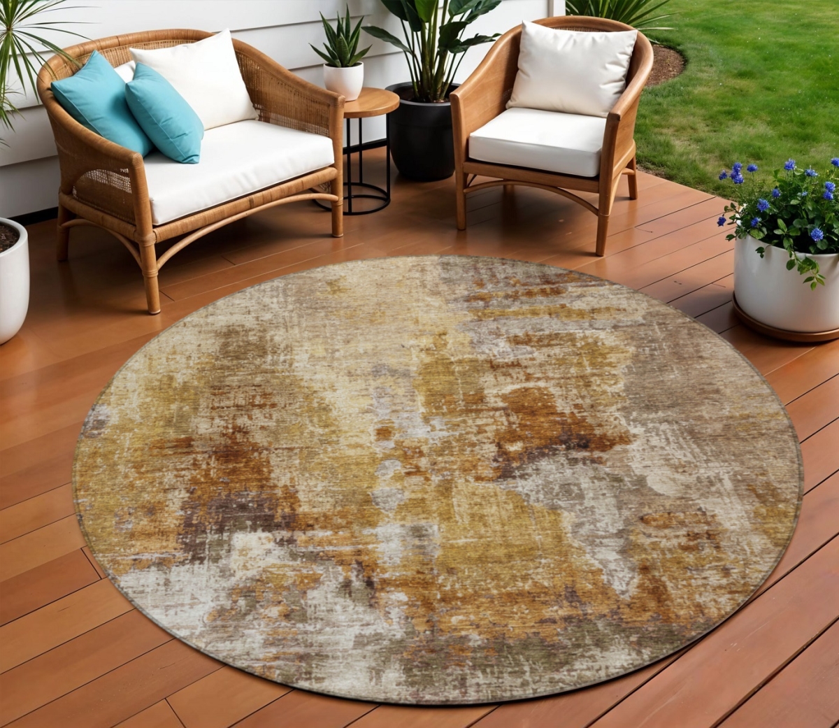 658347 8 ft. Walnut & Beige Abstract Washable Transitional Indoor & Outdoor Round Area Rug